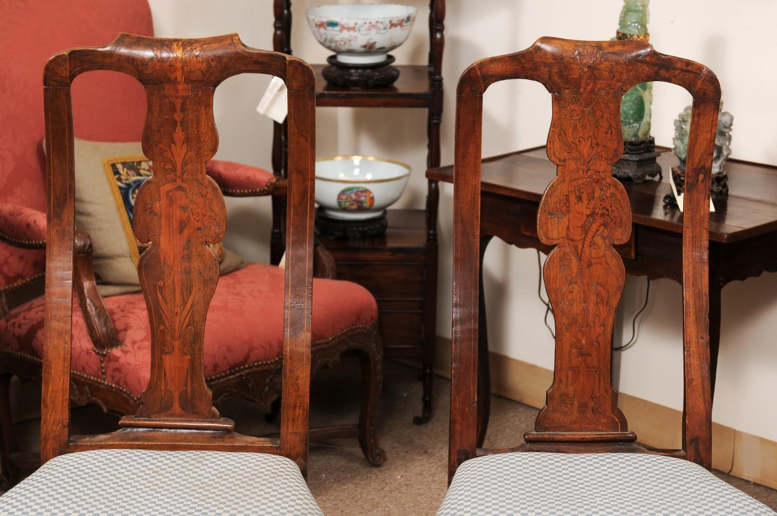 Pair of Dutch 18th Century Walnut Side Chairs with Marquetry Inlay & Pad Feet For Sale 1