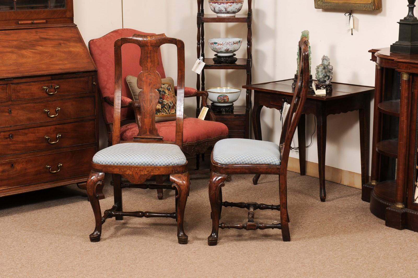 Pair of Dutch 18th Century Walnut Side Chairs with Marquetry Inlay & Pad Feet For Sale 4