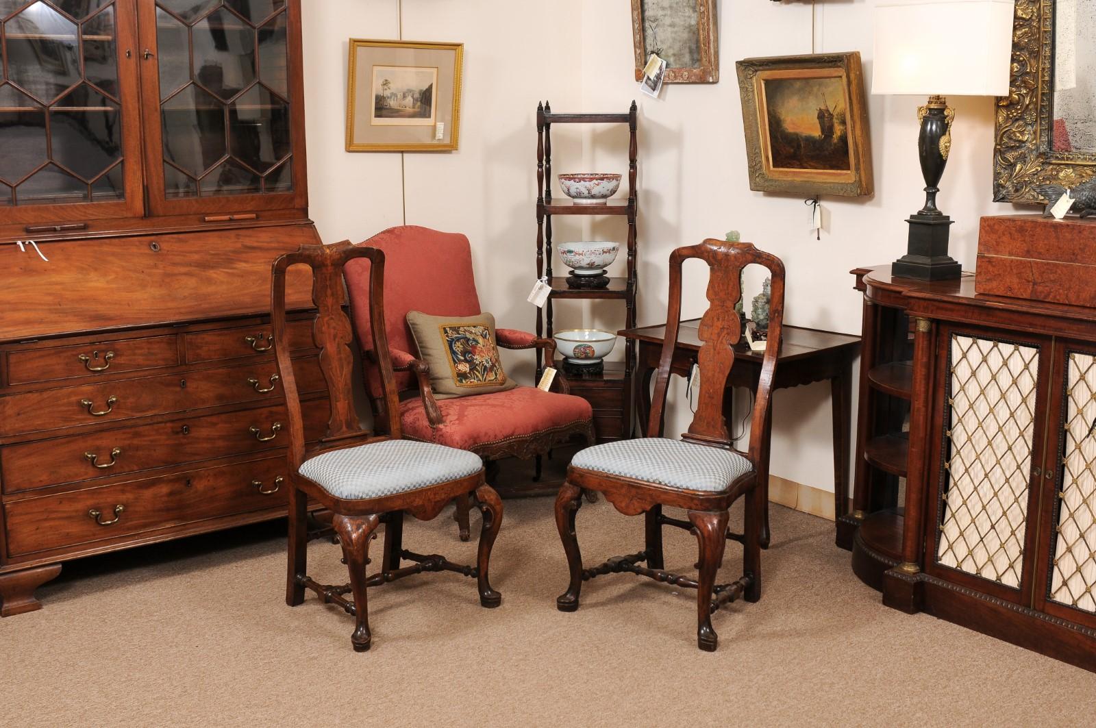 Pair of Dutch 18th Century Walnut Side Chairs with Marquetry Inlay & Pad Feet For Sale 5