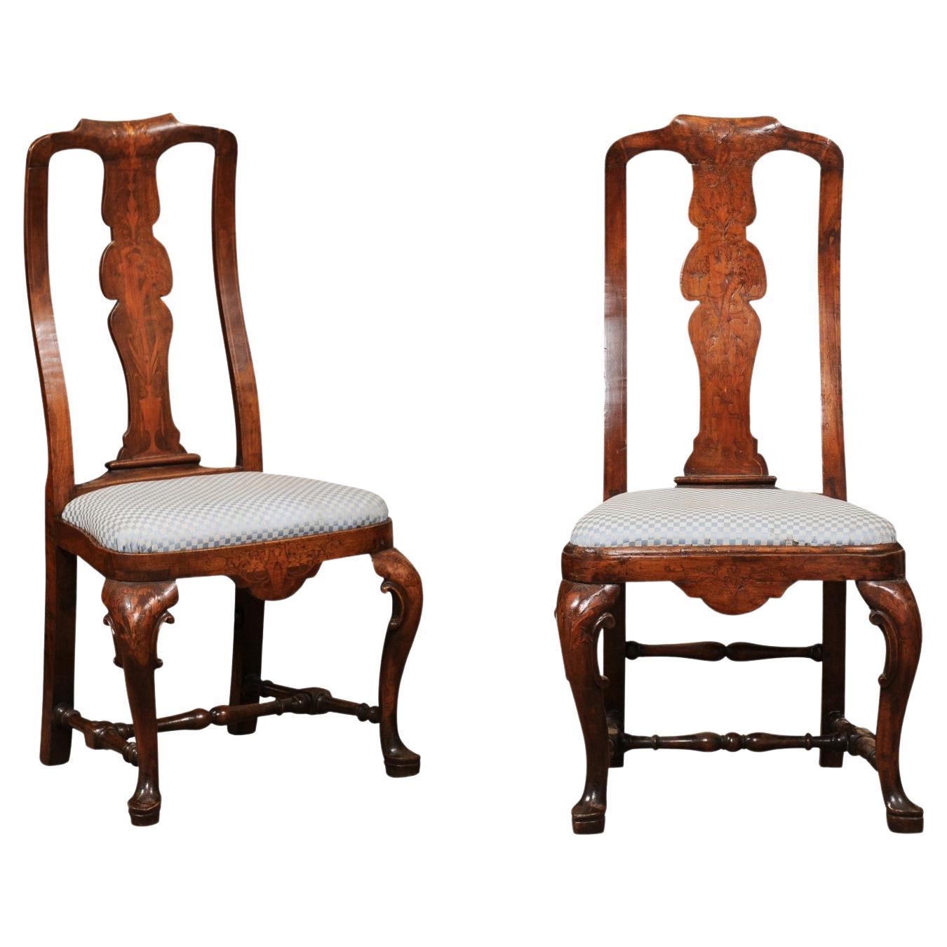 Pair of Dutch 18th Century Walnut Side Chairs with Marquetry Inlay & Pad Feet For Sale