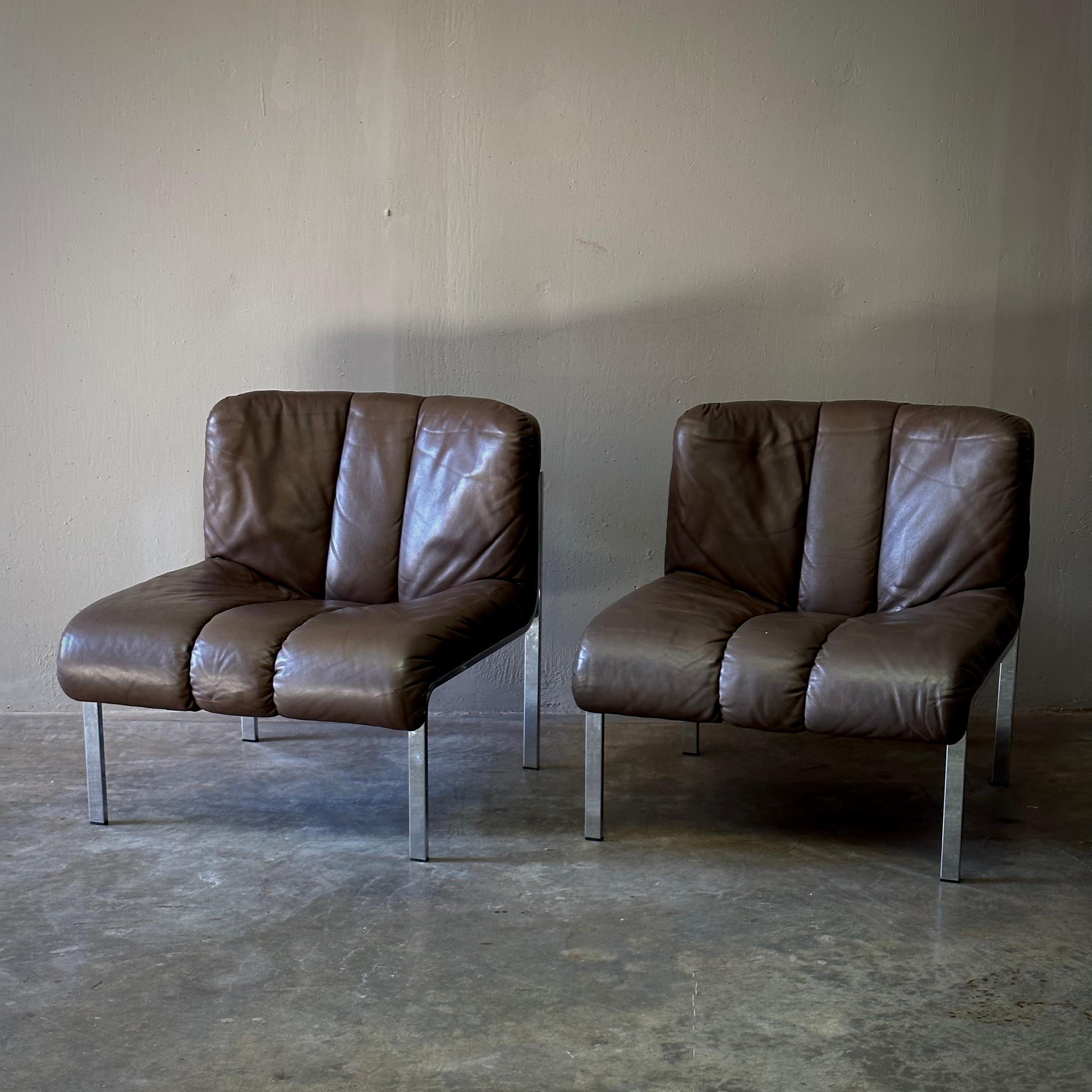 Pair of Dutch 1970s Leather and Chrome Chairs For Sale 3