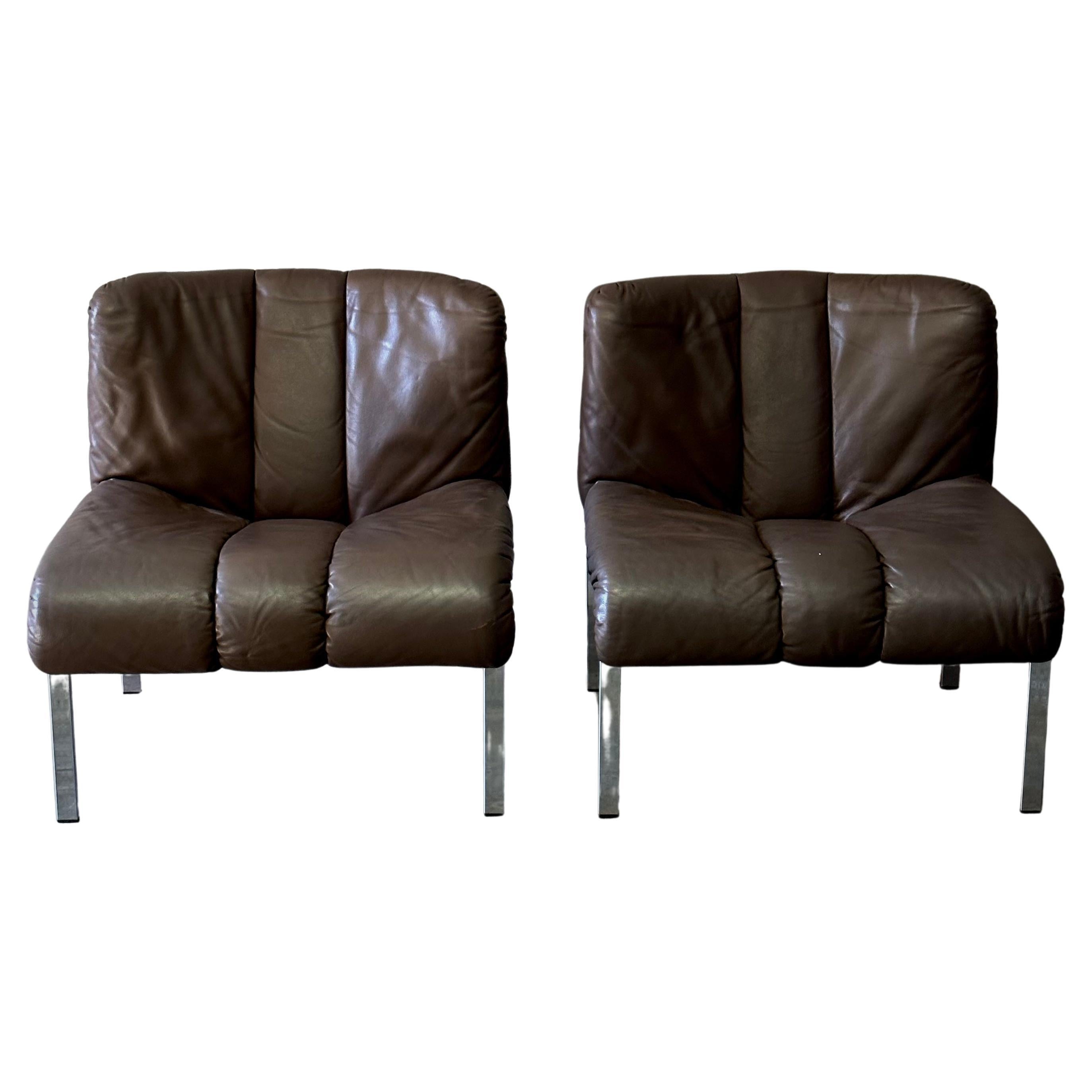 Pair of Dutch 1970s Leather and Chrome Chairs For Sale