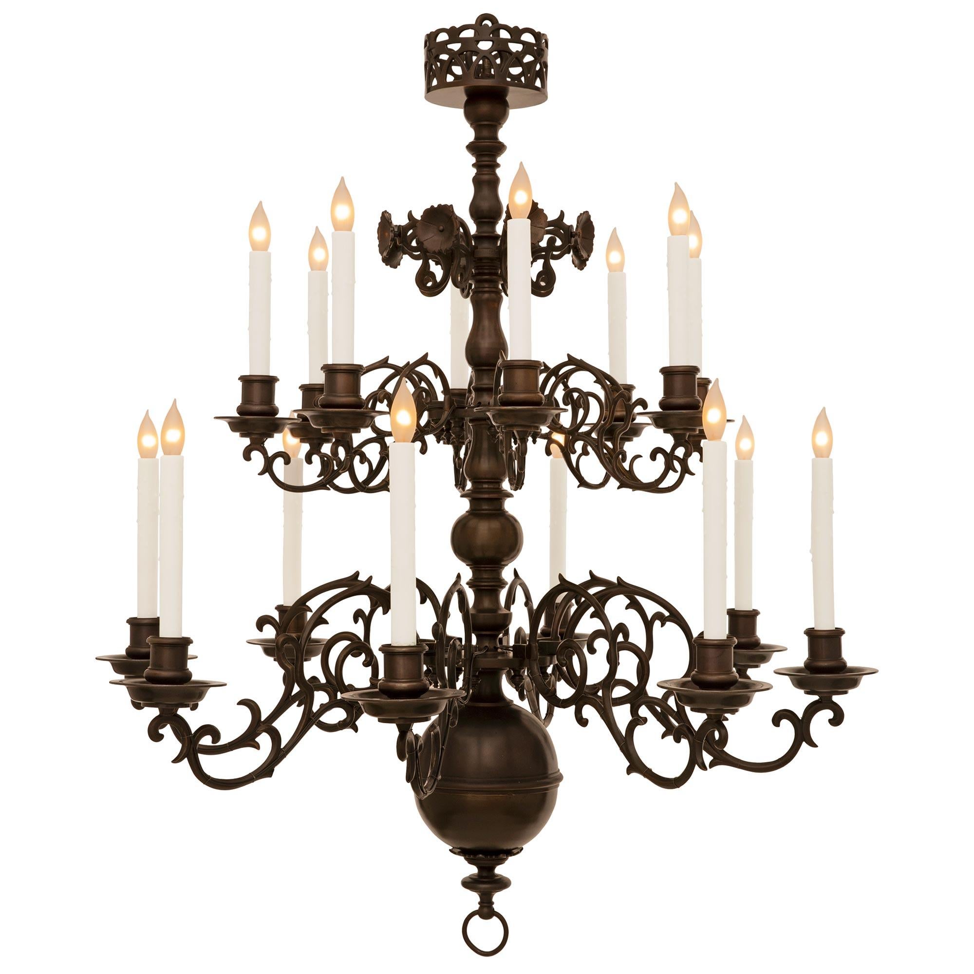 Pair Of Dutch 19th Century Patinated Bronze Chandeliers In Good Condition For Sale In West Palm Beach, FL