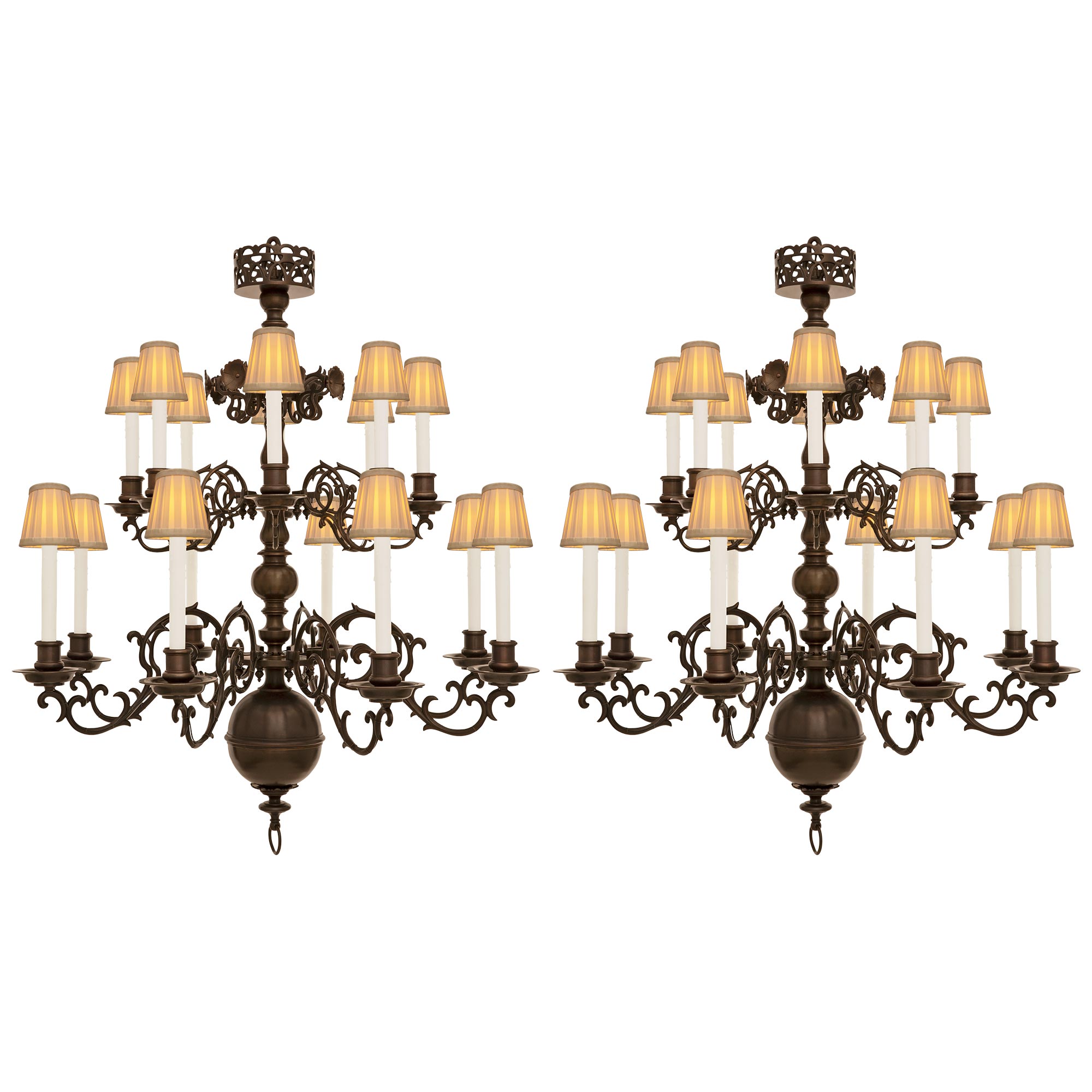 Pair Of Dutch 19th Century Patinated Bronze Chandeliers