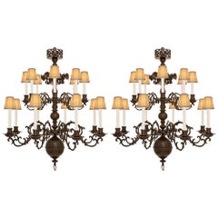 Antique Pair Of Dutch 19th Century Patinated Bronze Chandeliers