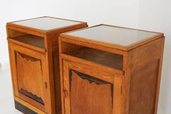 Pair of Dutch Amsterdam school bedside tables 1920 oak glass Art Deco nightstand