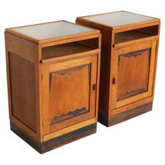 Pair of Dutch Amsterdam school bedside tables 1920 oak glass Art Deco nightstand