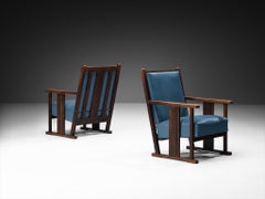 Pair of Dutch Amsterdam School Oak Lounge Chairs in Oak and Blue Leatherette