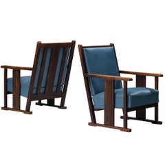 Pair of Dutch Amsterdam School Oak Lounge Chairs in Oak and Blue Leatherette