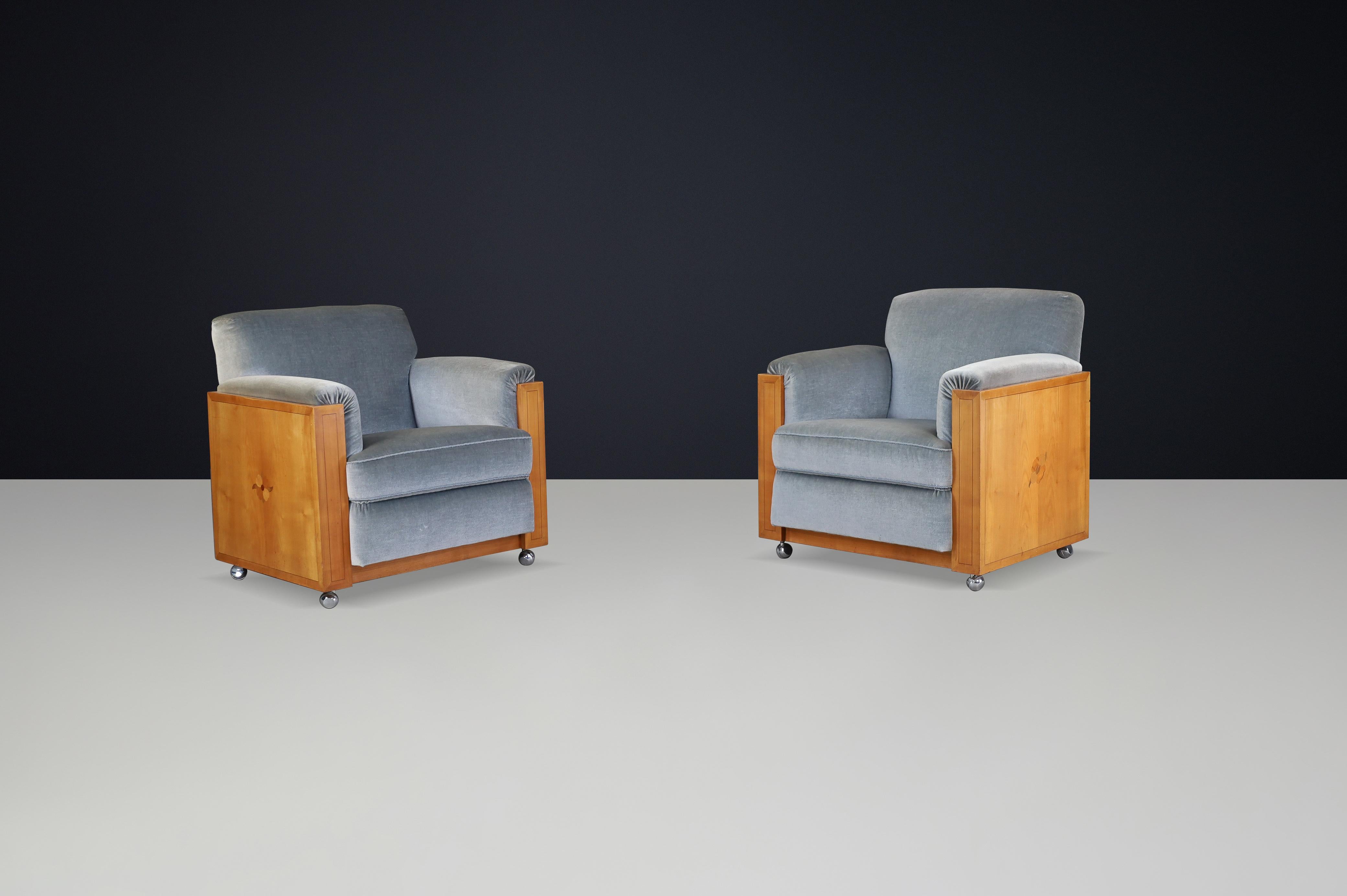 Coppia di poltrone art déco olandesi con motivo a intarsio in Oak e velluto, anni '30 in vendita 3