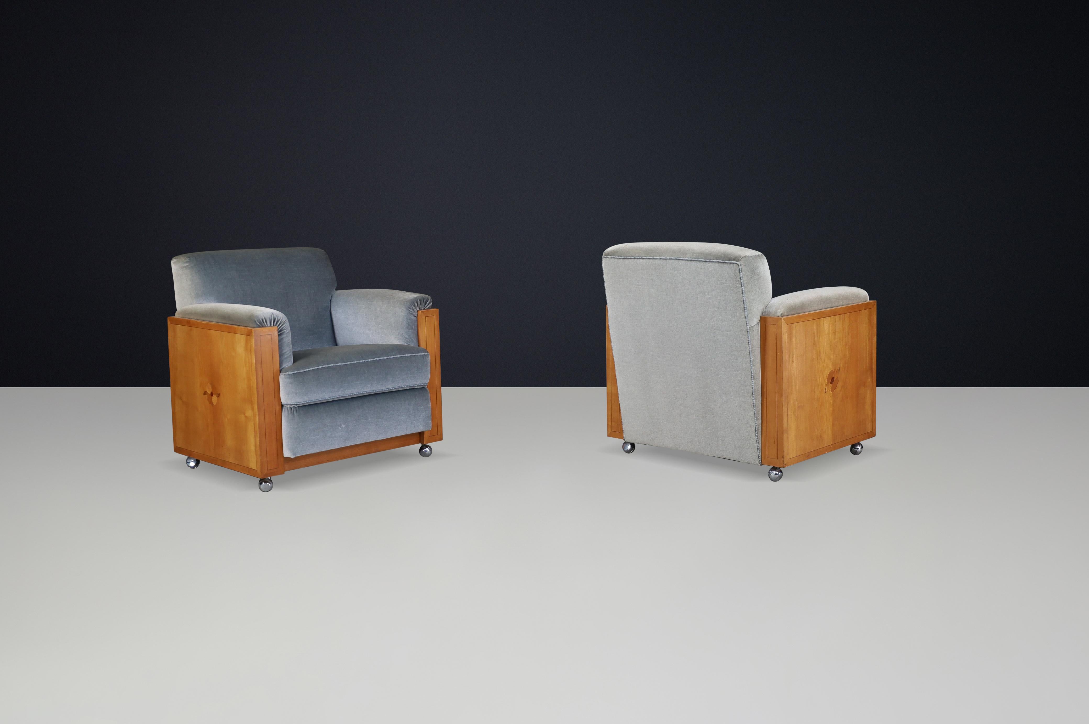 XX secolo Coppia di poltrone art déco olandesi con motivo a intarsio in Oak e velluto, anni '30 in vendita