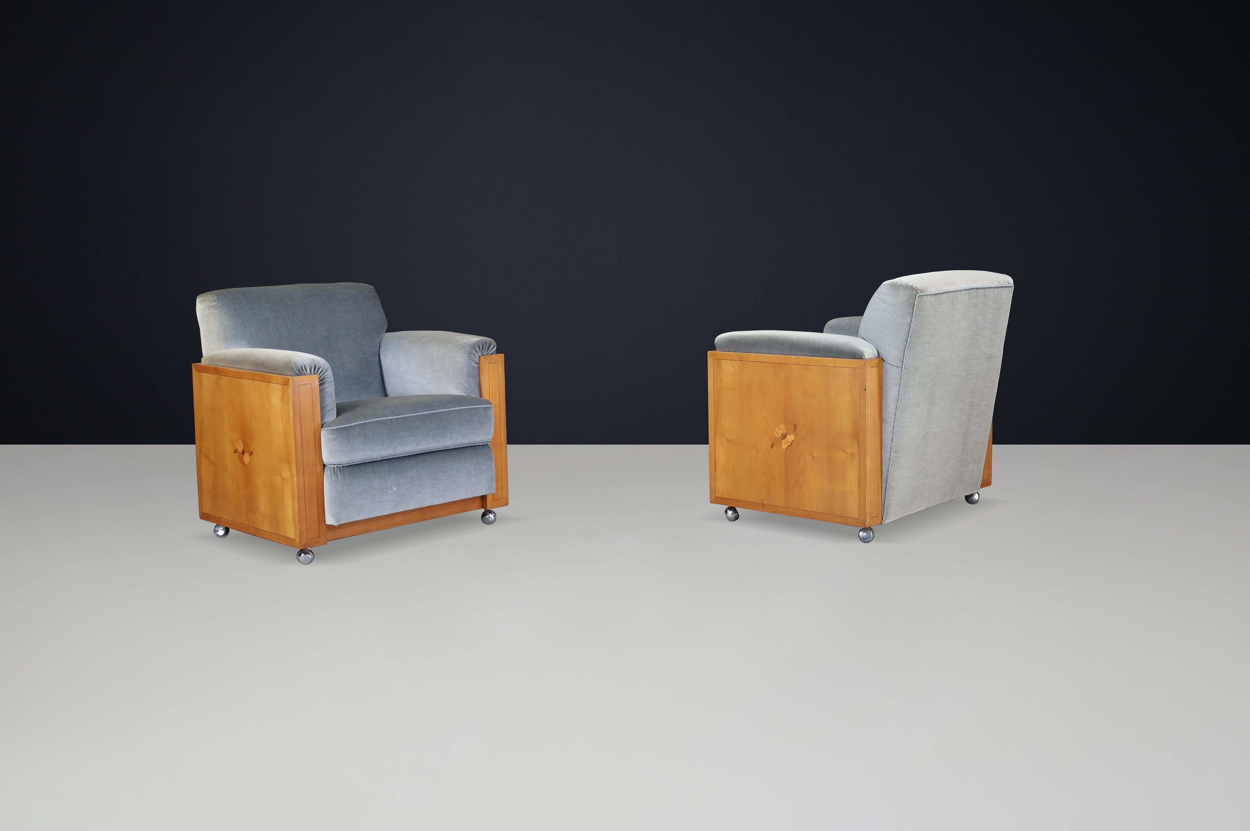 Velluto Coppia di poltrone art déco olandesi con motivo a intarsio in Oak e velluto, anni '30 in vendita
