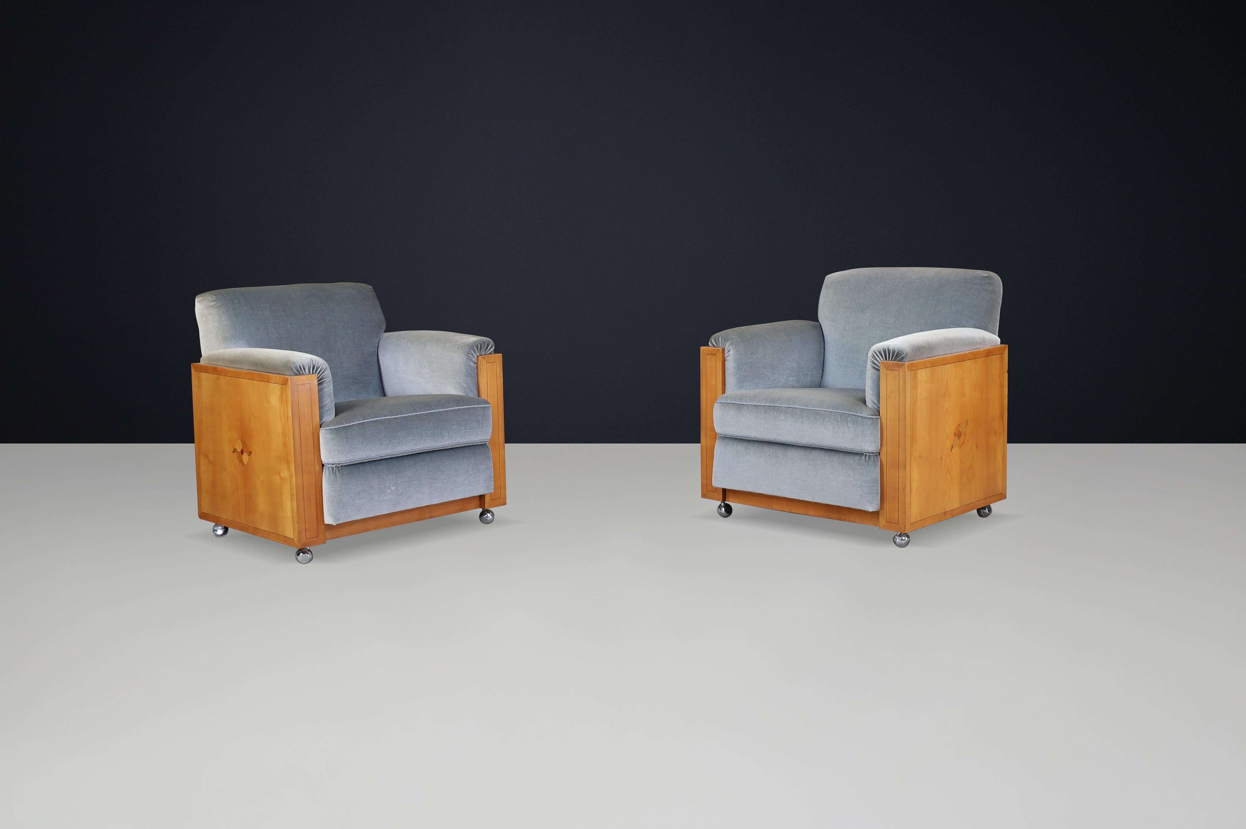 Coppia di poltrone art déco olandesi con motivo a intarsio in Oak e velluto, anni '30 in vendita 2