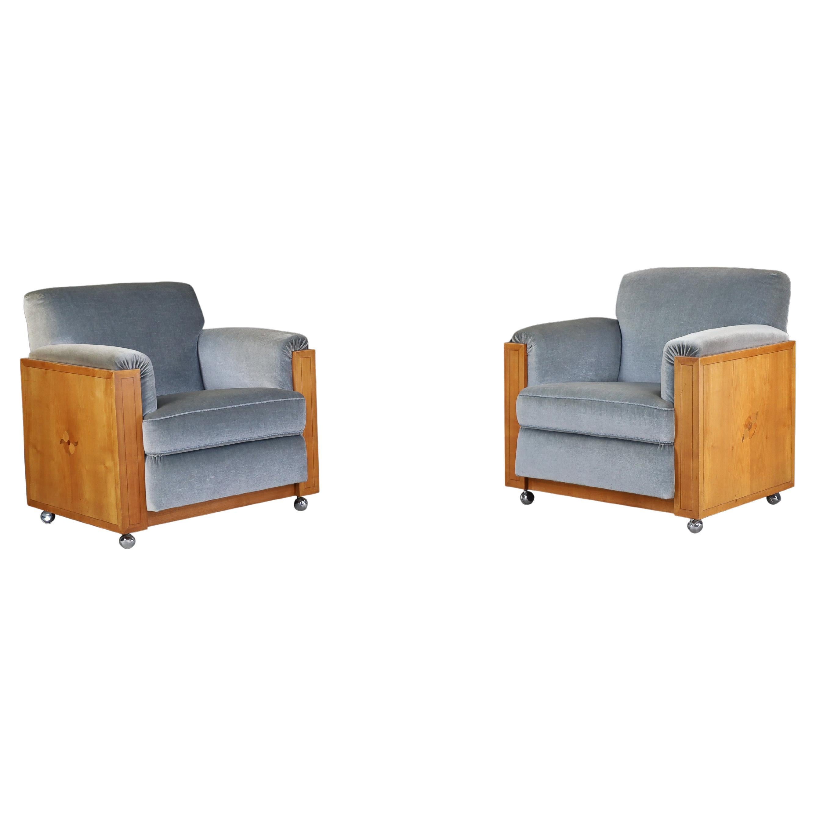 Pair of Dutch Art Deco Armchairs with Inlay Motif in Oak and Velvet, 1930s