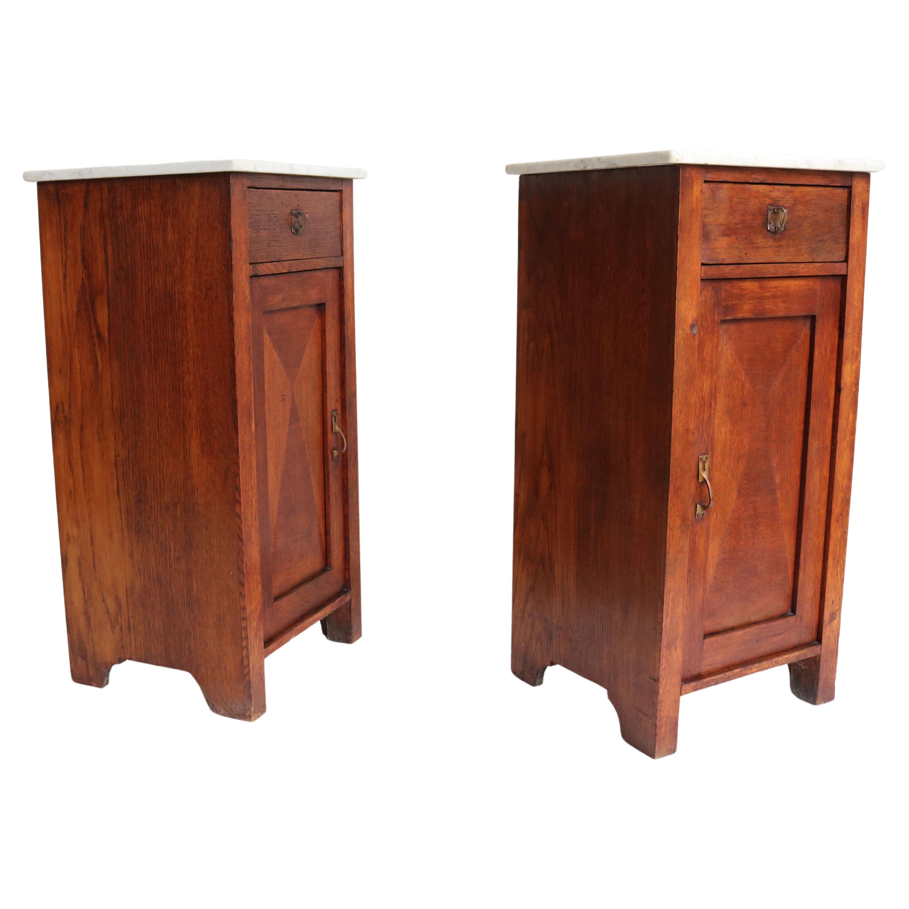 Pair of Dutch Art Deco bedside tables 1930 night stands Oak & Carrara marble   For Sale
