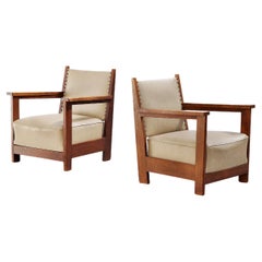 Pair of Dutch Art Deco Lounge Chairs in Oak and Leather, 1930s