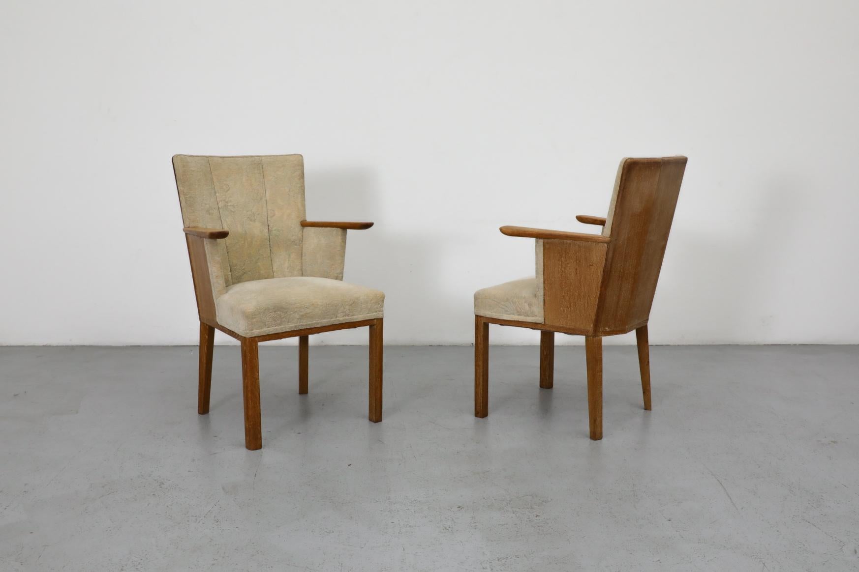 Early 20th Century Pair of Dutch Art Deco Salon Chairs in Oak with Pale Patterned Upholstery