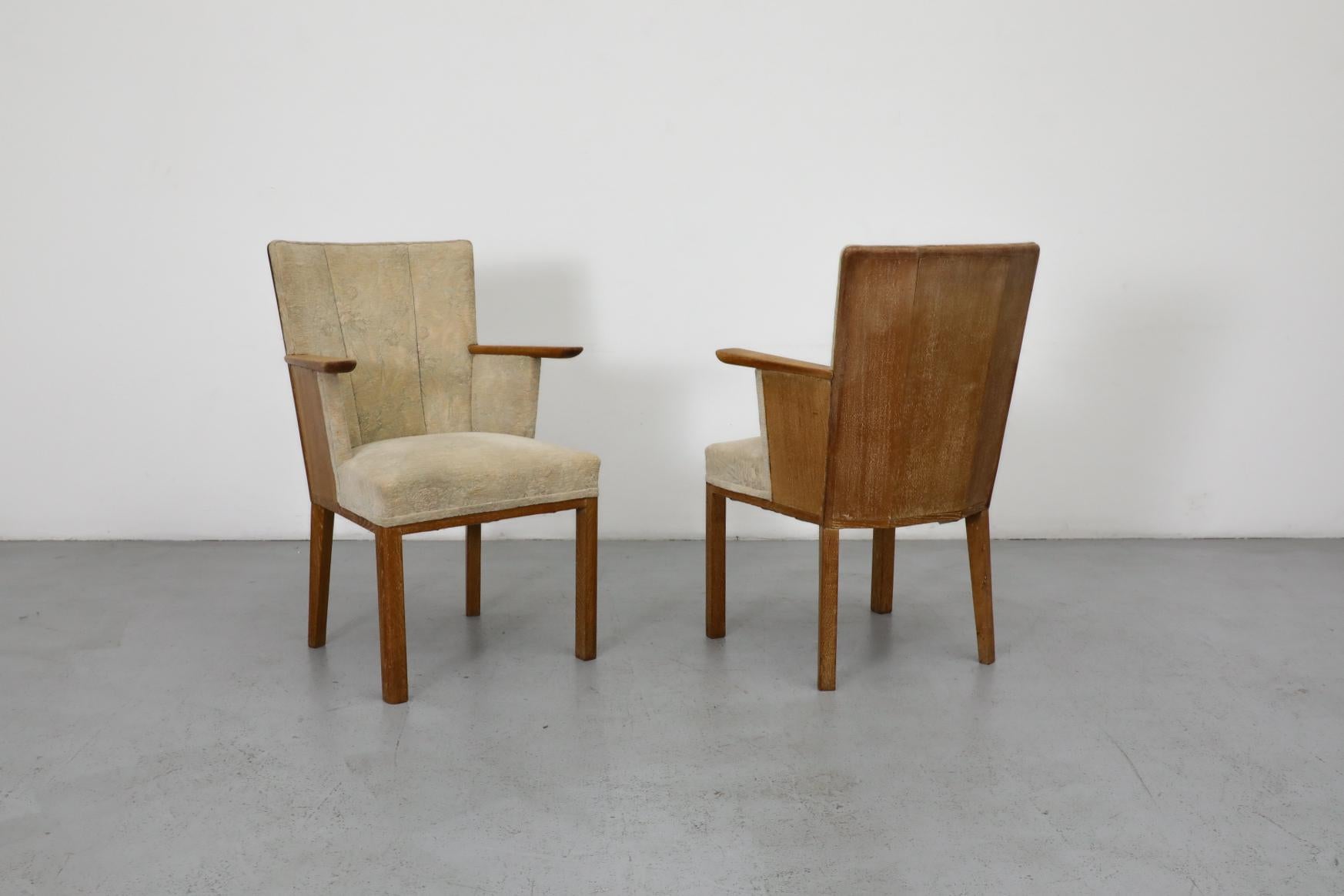 Pair of Dutch Art Deco Salon Chairs in Oak with Pale Patterned Upholstery 1