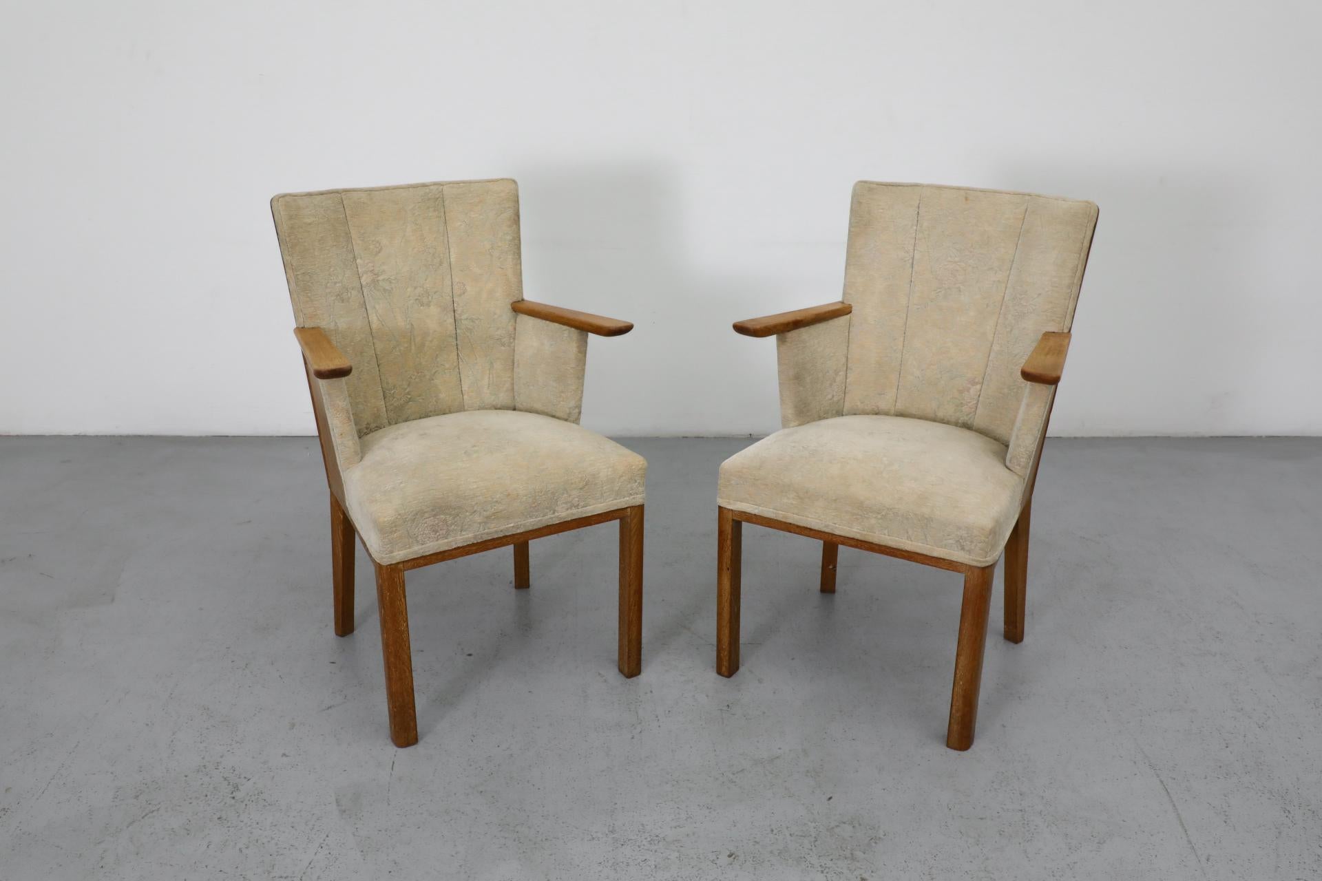 Pair of Dutch Art Deco Salon Chairs in Oak with Pale Patterned Upholstery 3