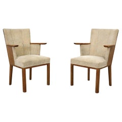 Pair of Dutch Art Deco Salon Chairs in Oak with Pale Patterned Upholstery