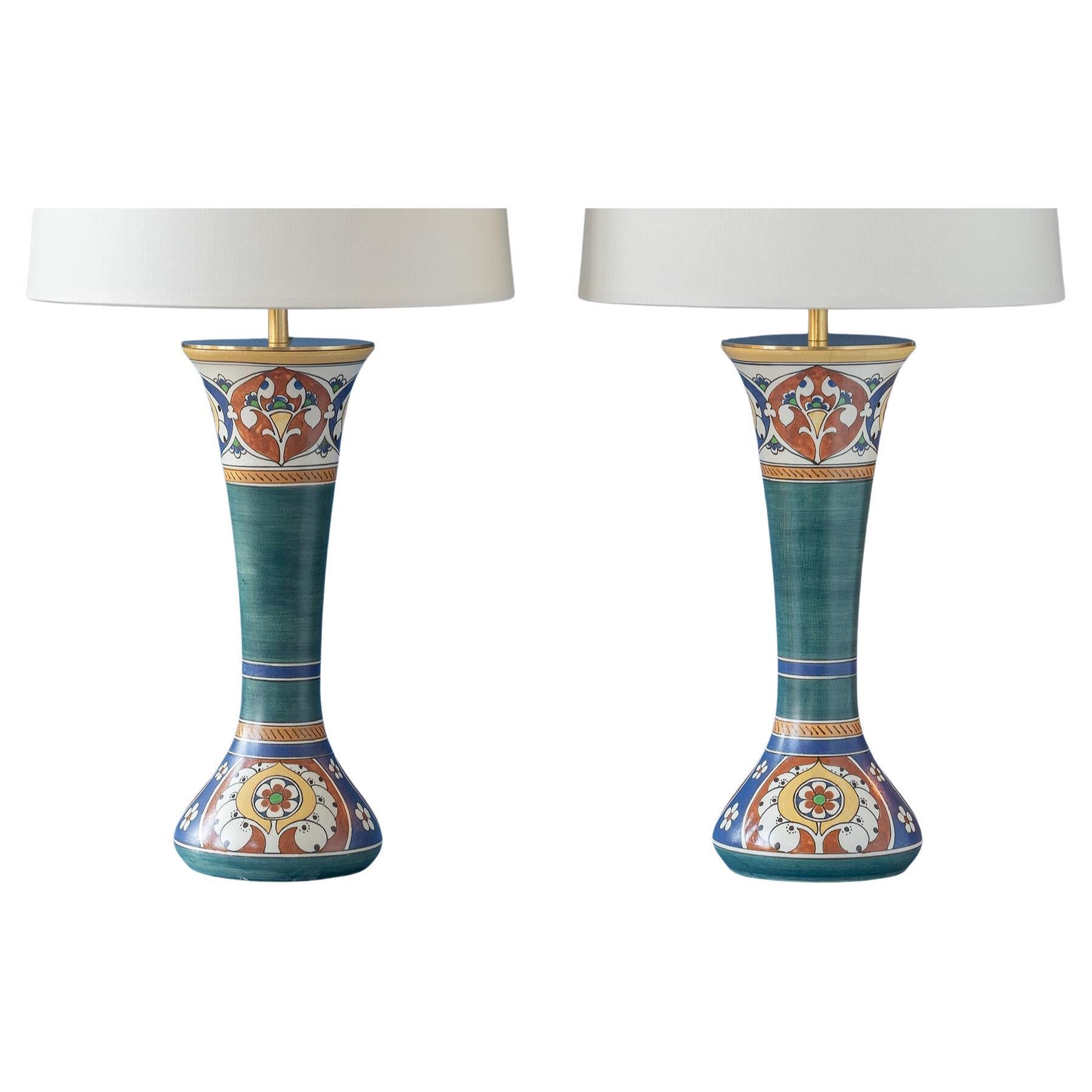 Jugendstil Art Deco Arnhem Fayence Tischlampen (1910-1917) Neue Schirmen, 2er-Set, Art déco im Angebot