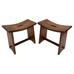 Pair of Dutch Arts & Crafts Solid Oak Stools with Curved Seats, Circa 1900