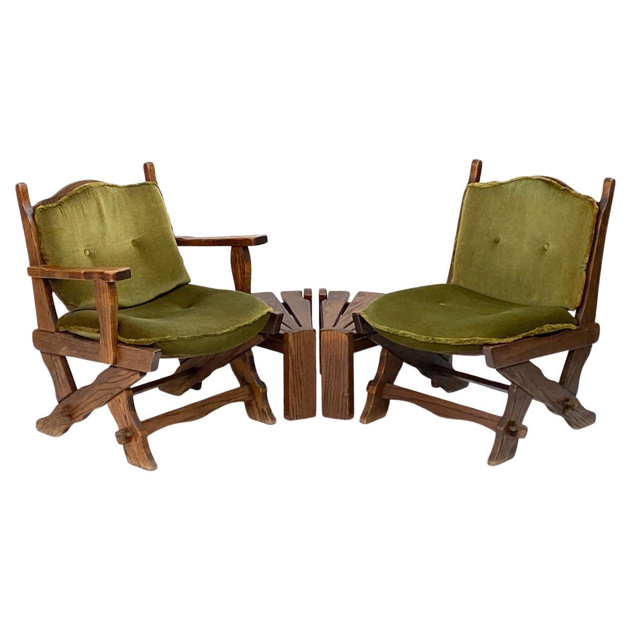 Pair of Dutch AWA Almelo Fireplace Chairs and Brutalist Side Tables C.1970's