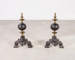 Pair of Dutch Baroque Style Iron Brass Andirons
