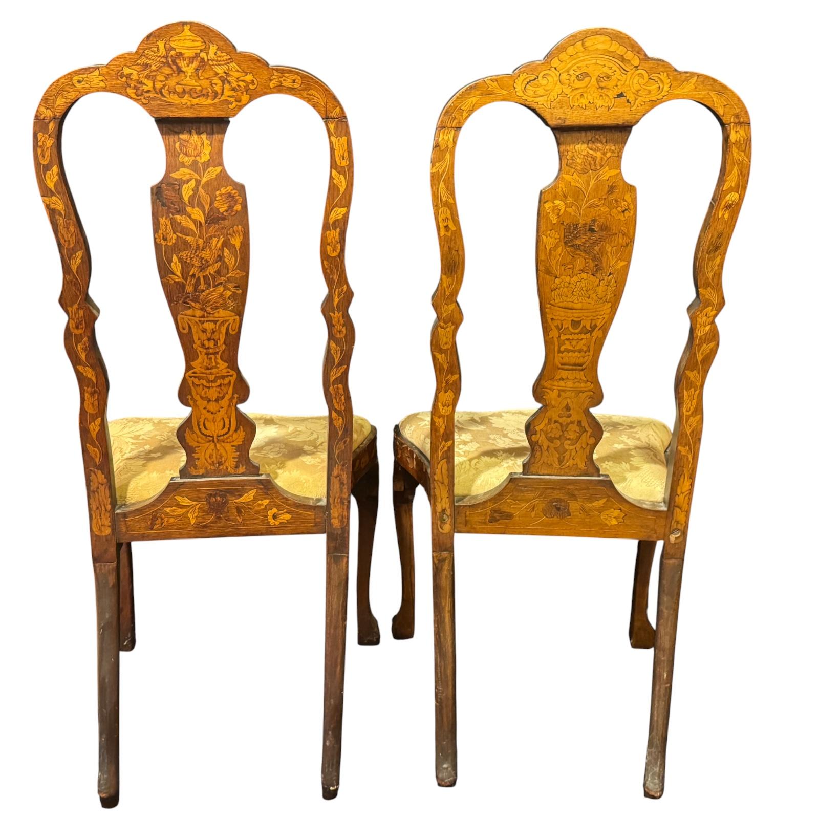 Pair of Dutch Baroque Style, Marquetry Side Chairs, 19th century In Fair Condition For Sale In Belmont, MA