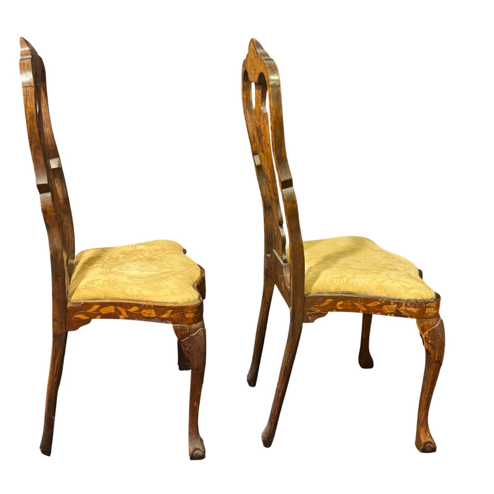 Fruitwood Pair of Dutch Baroque Style, Marquetry Side Chairs, 19th century For Sale