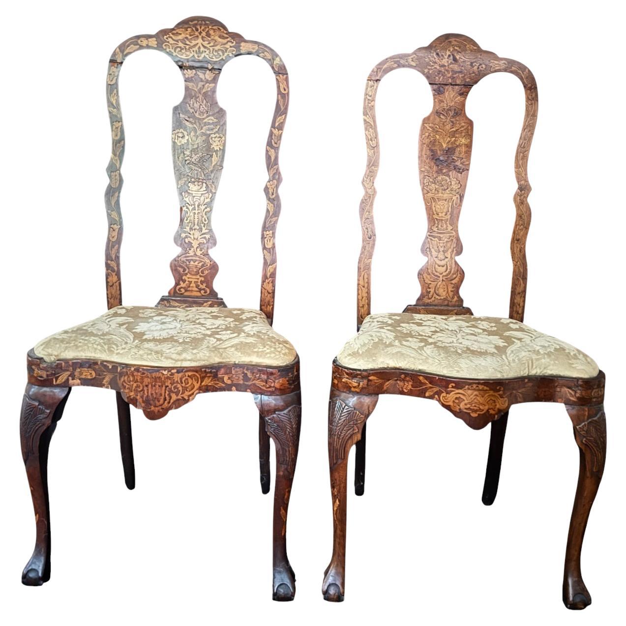 Pair of Dutch Baroque Style, Marquetry Side Chairs, 19th century For Sale