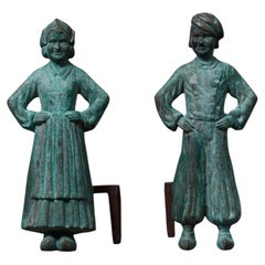 Pair of Dutch Boy & Girl Andirons, Bronze and Iron