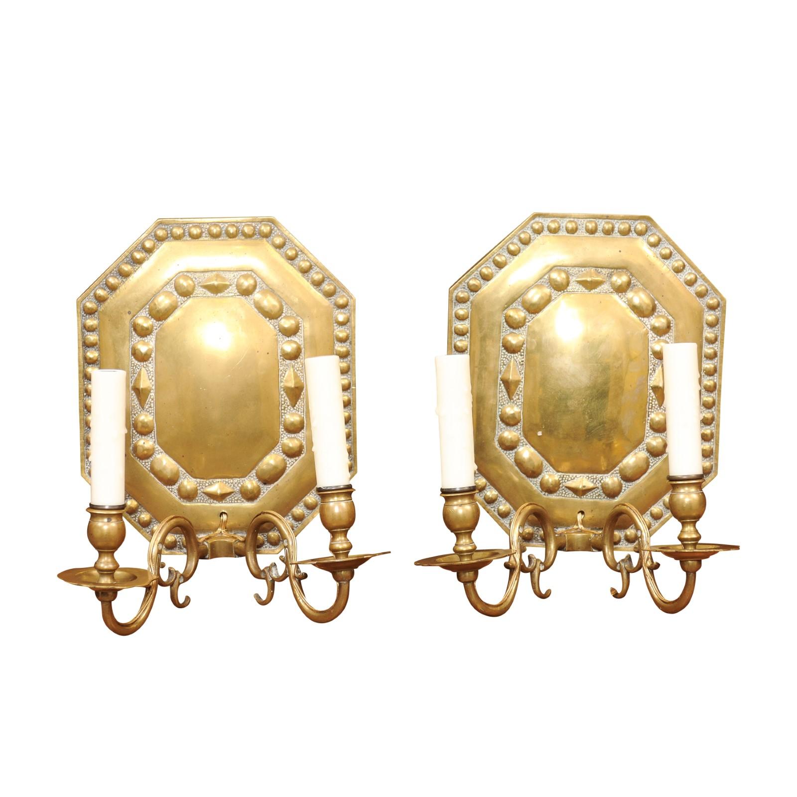  Pair of Dutch Brass 2 Light Sconces, Early 20th Century In Good Condition For Sale In Atlanta, GA