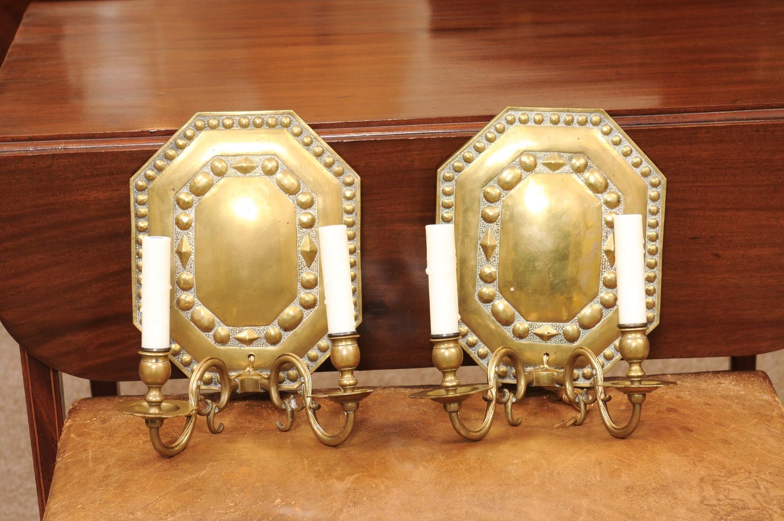  Pair of Dutch Brass 2 Light Sconces, Early 20th Century For Sale 1