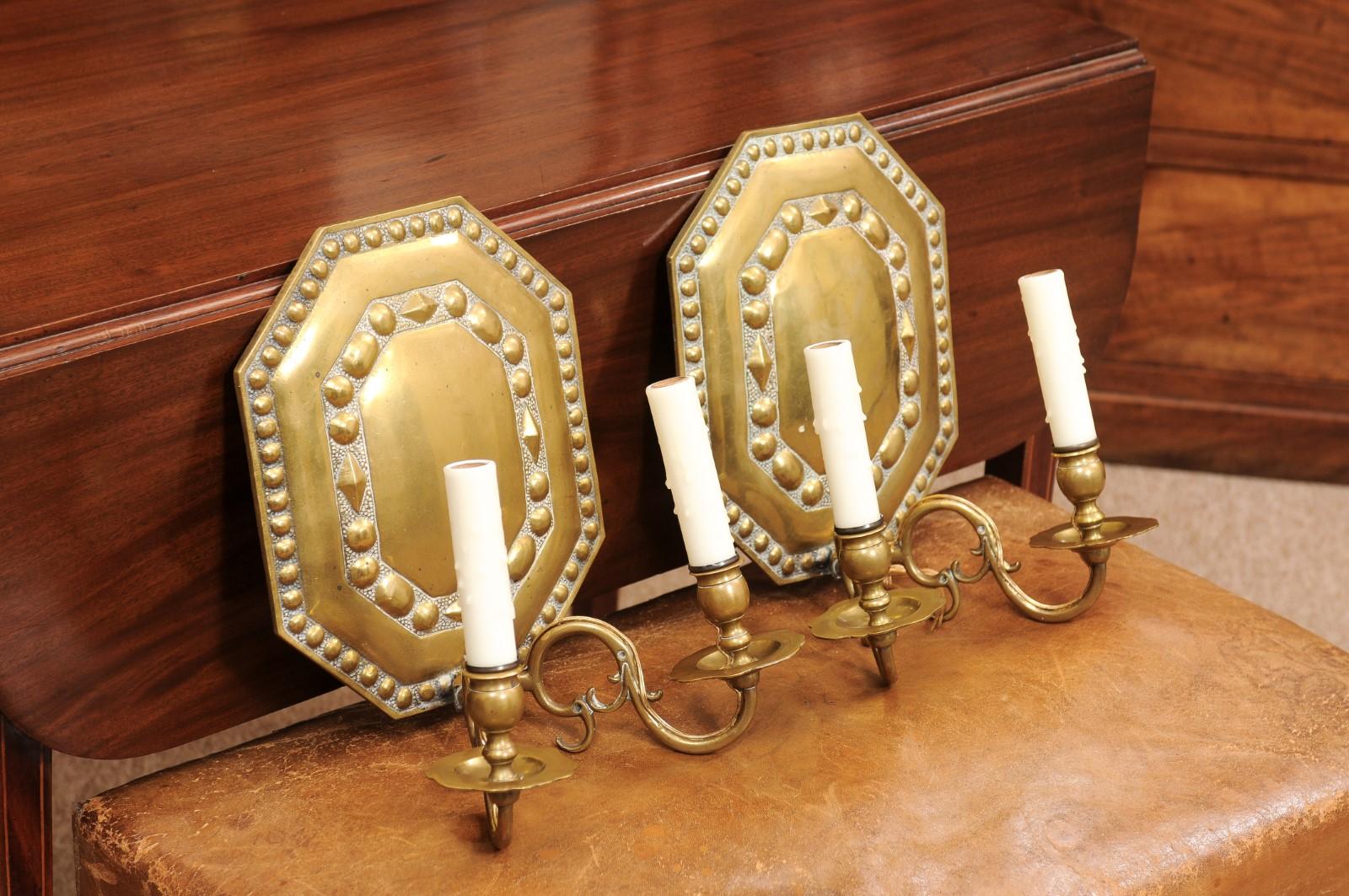  Pair of Dutch Brass 2 Light Sconces, Early 20th Century For Sale 3