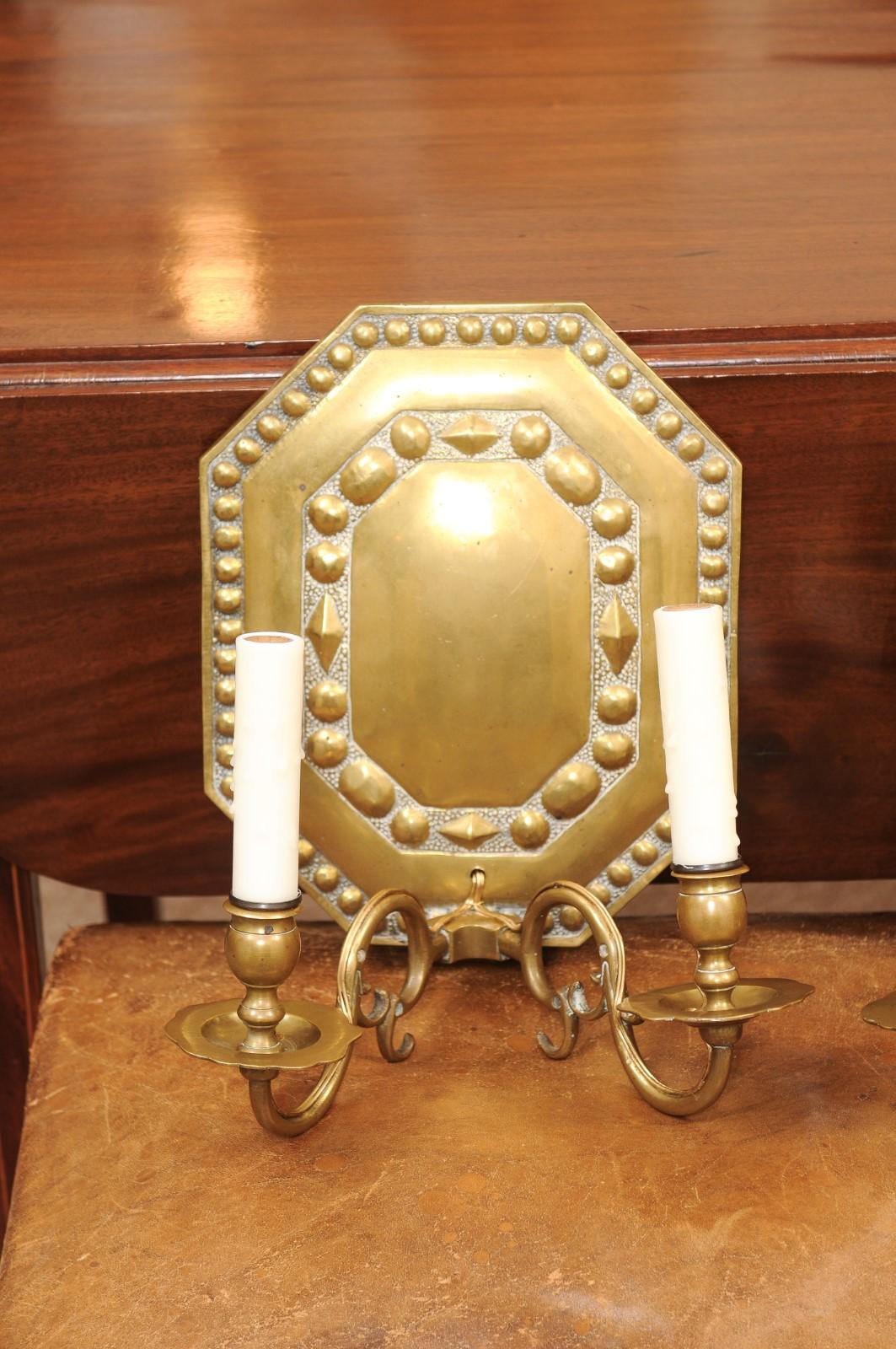  Pair of Dutch Brass 2 Light Sconces, Early 20th Century For Sale 6
