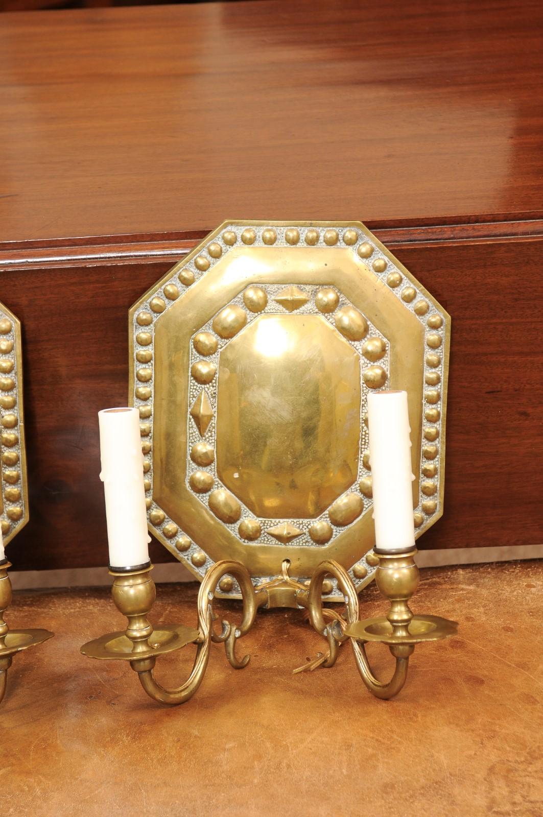  Pair of Dutch Brass 2 Light Sconces, Early 20th Century For Sale 7