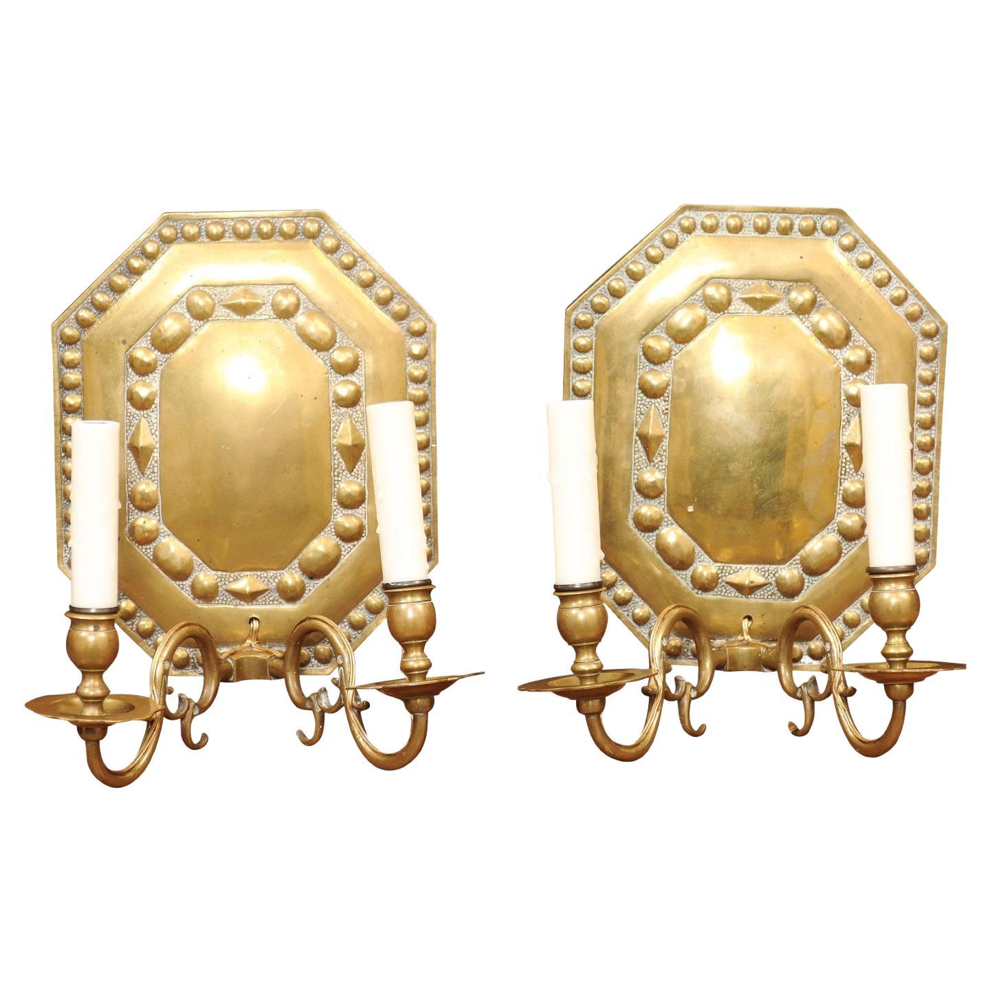  Pair of Dutch Brass 2 Light Sconces, Early 20th Century