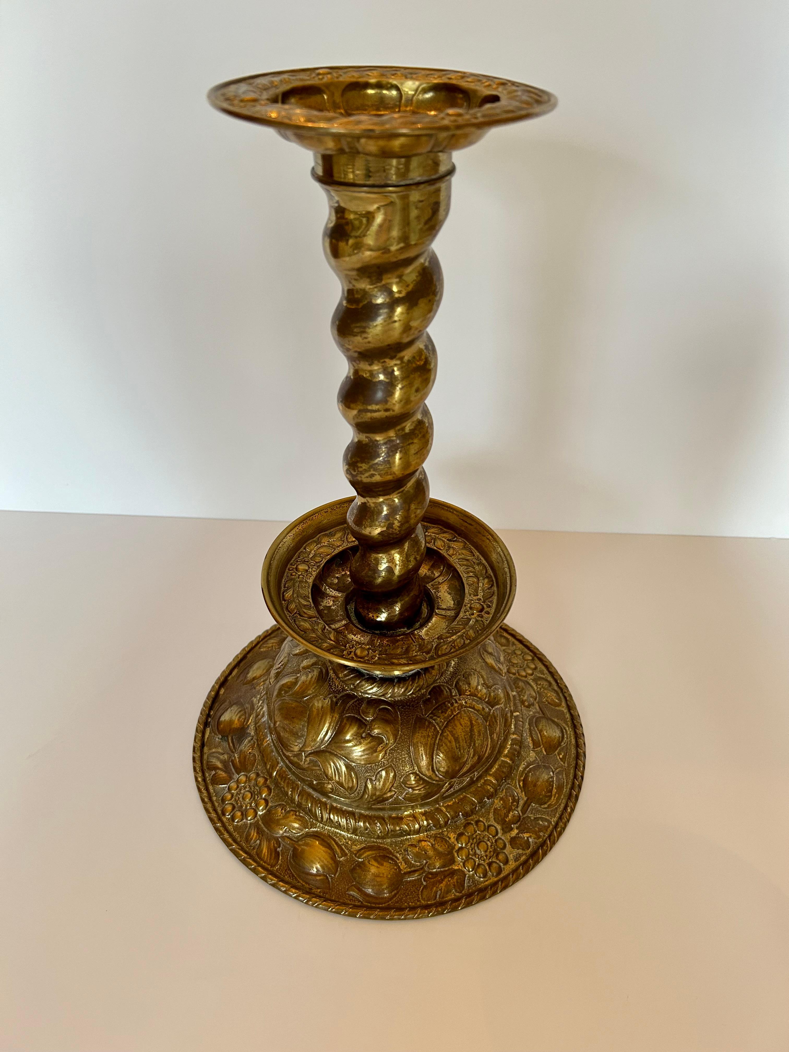 Embossed Pair of Dutch Brass Candlesticks, Nineteenth Century or Earlier For Sale
