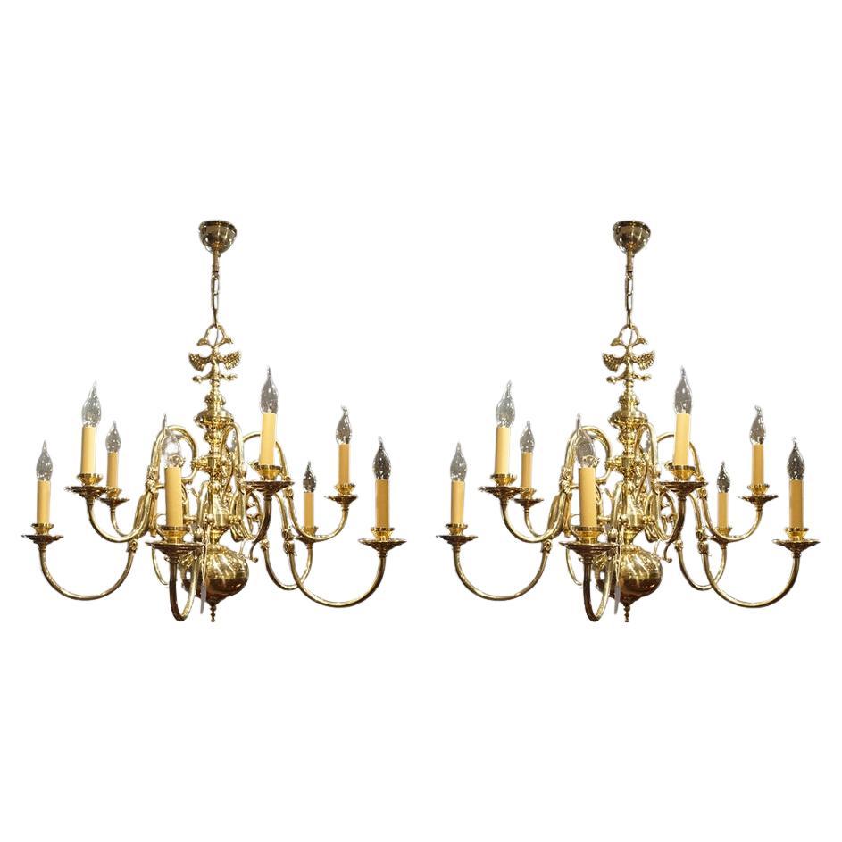 Pair of Dutch brass chandeliers For Sale