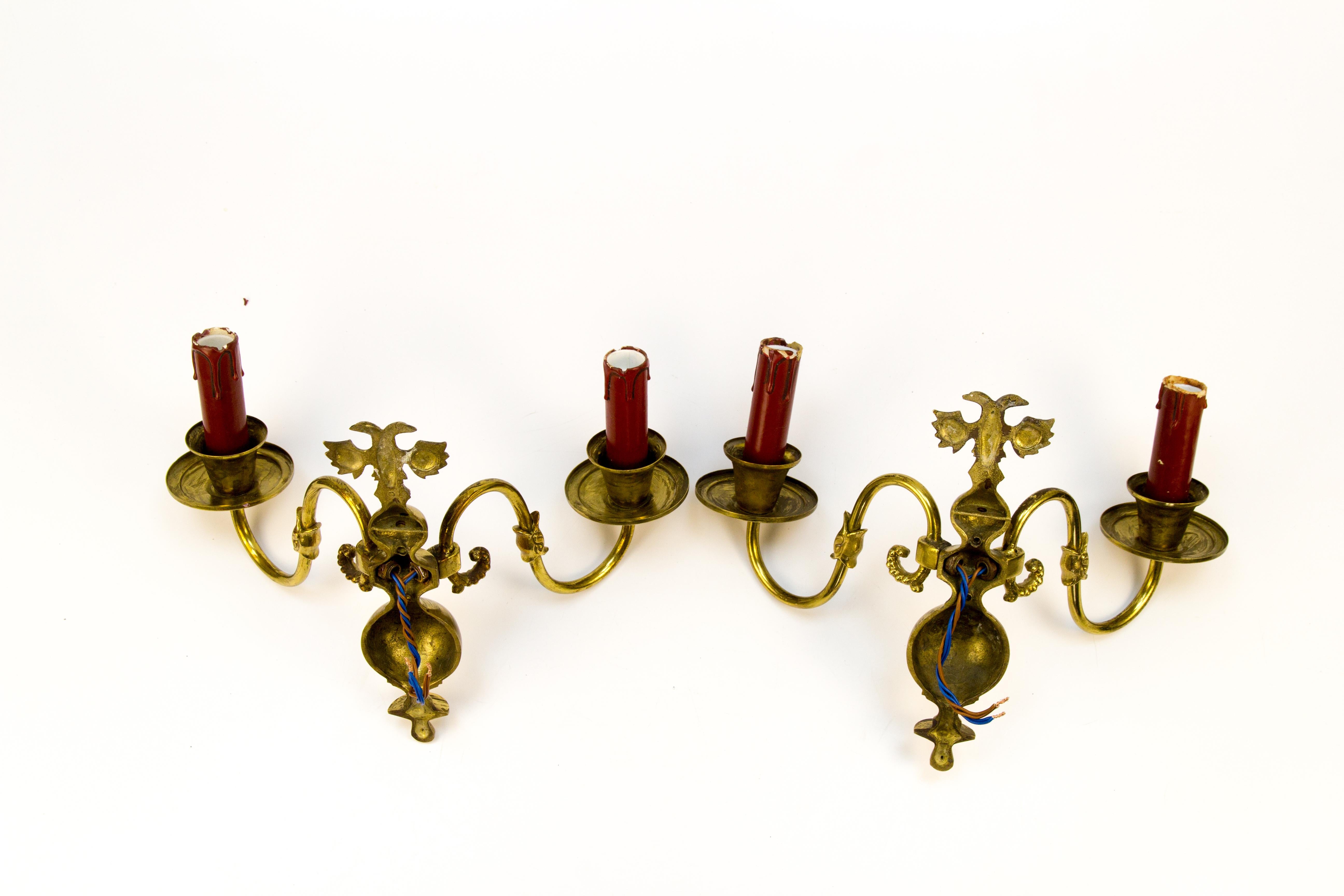 Pair of Dutch Two-Light Brass Sconces For Sale 5