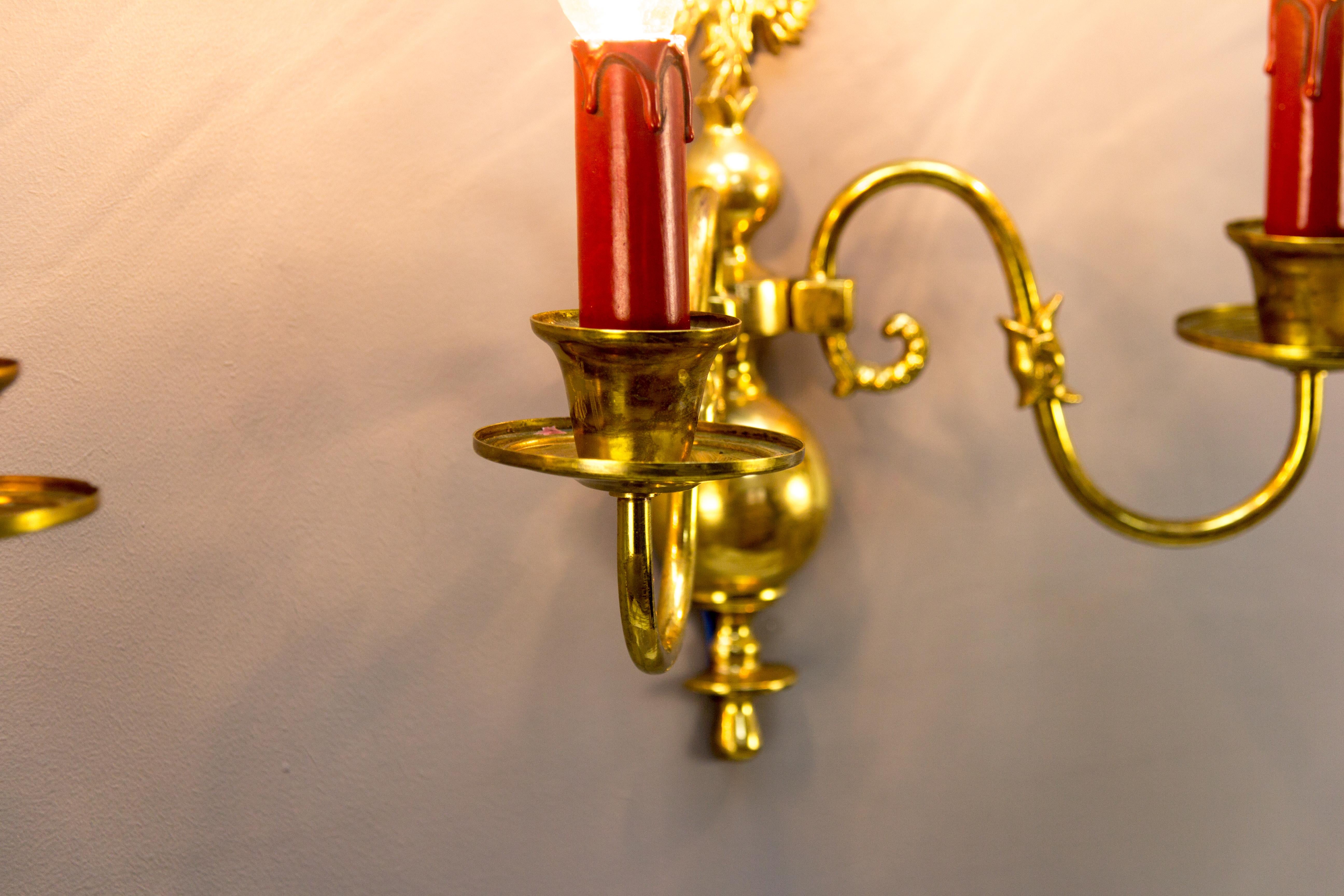 Pair of Dutch Two-Light Brass Sconces For Sale 8