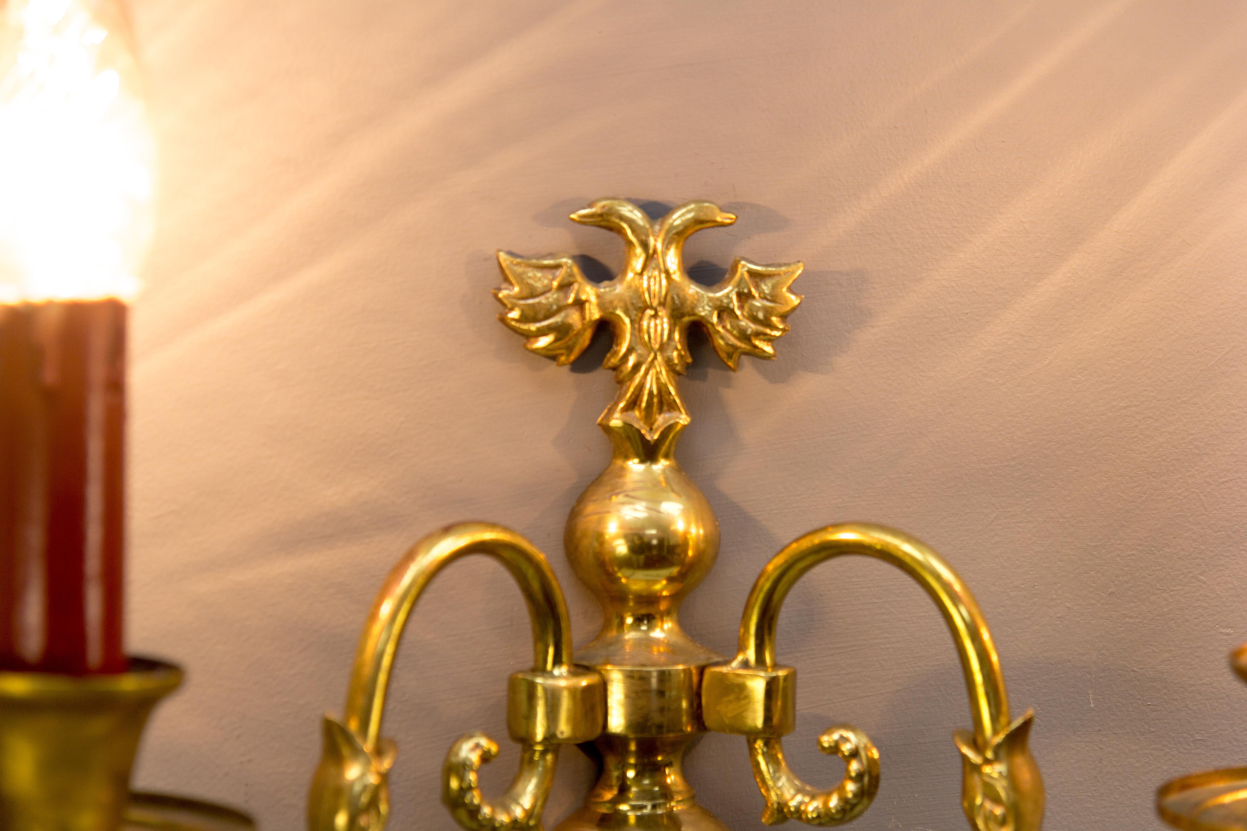 Pair of Dutch Two-Light Brass Sconces For Sale 9