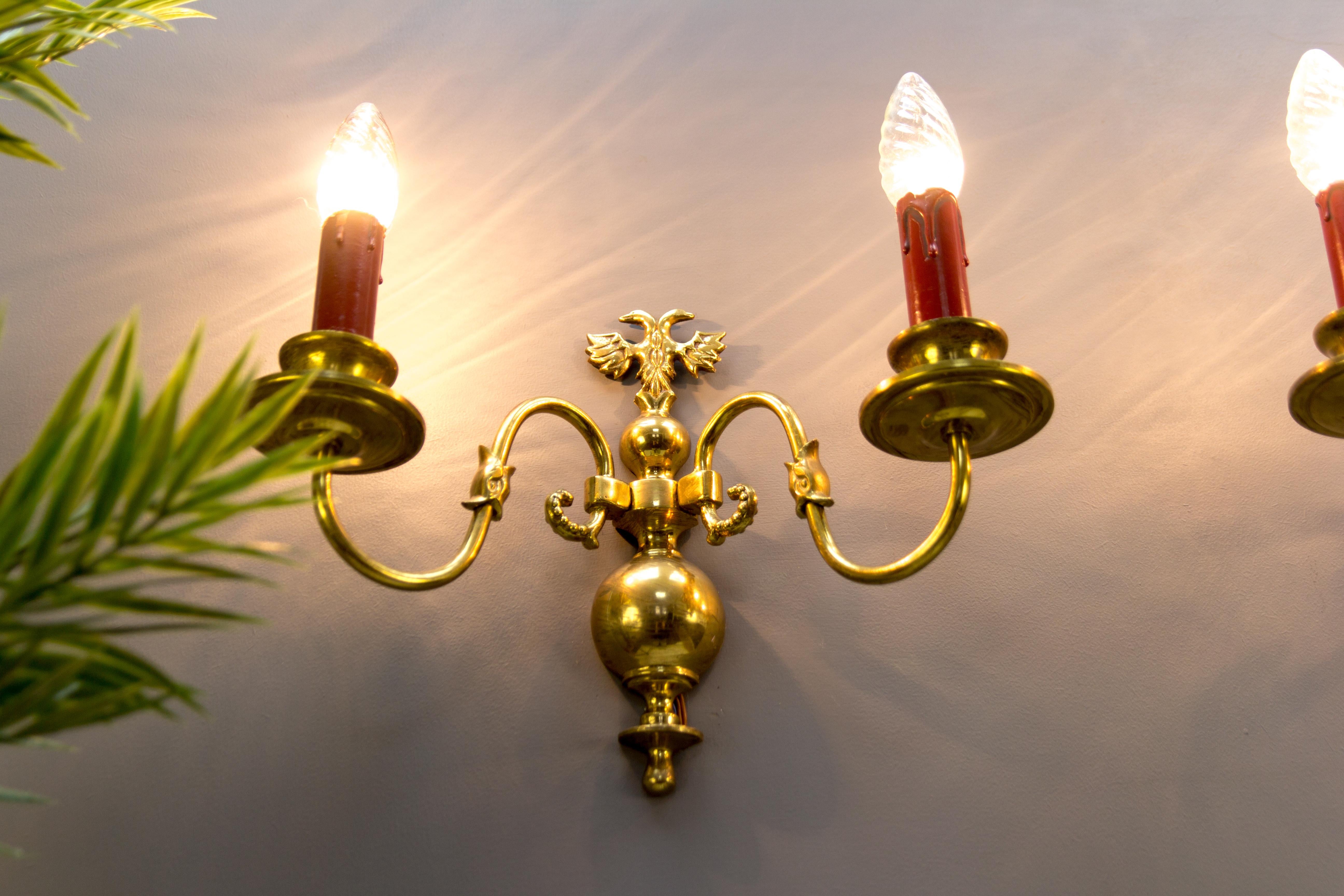 Pair of Dutch Two-Light Brass Sconces For Sale 10