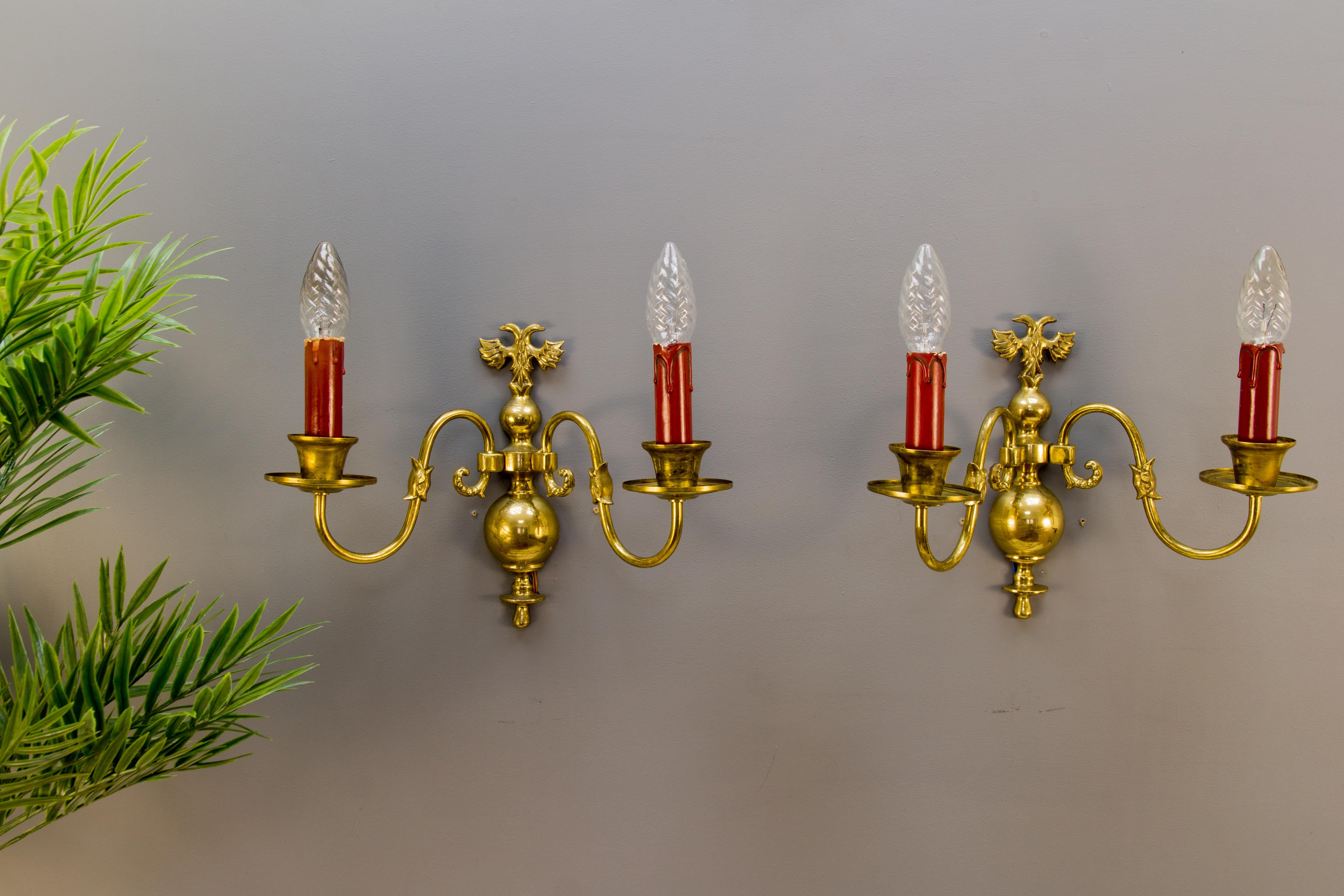 Pair of Dutch Two-Light Brass Sconces For Sale 13