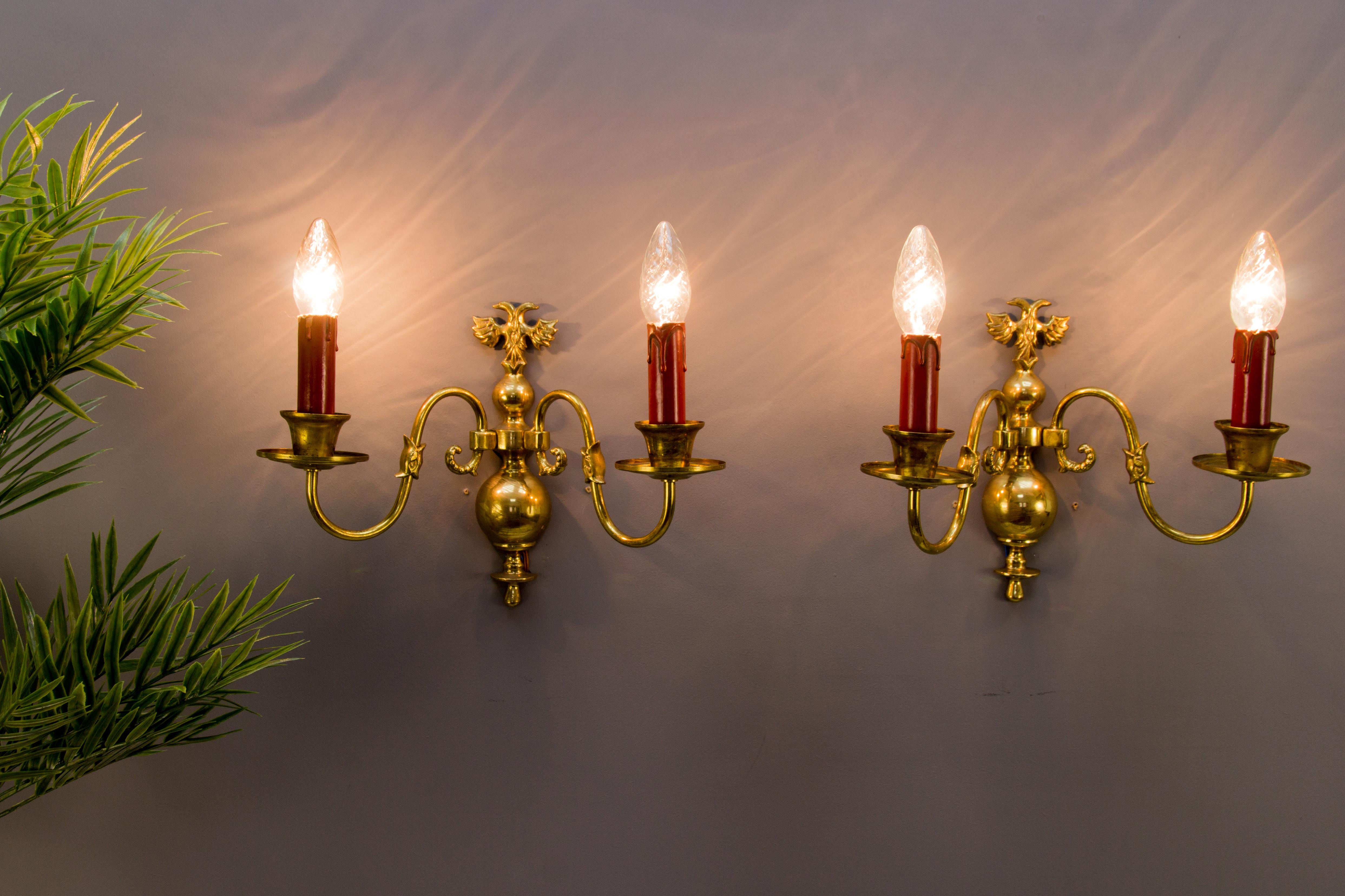 Pair of Dutch Two-Light Brass Sconces For Sale 14