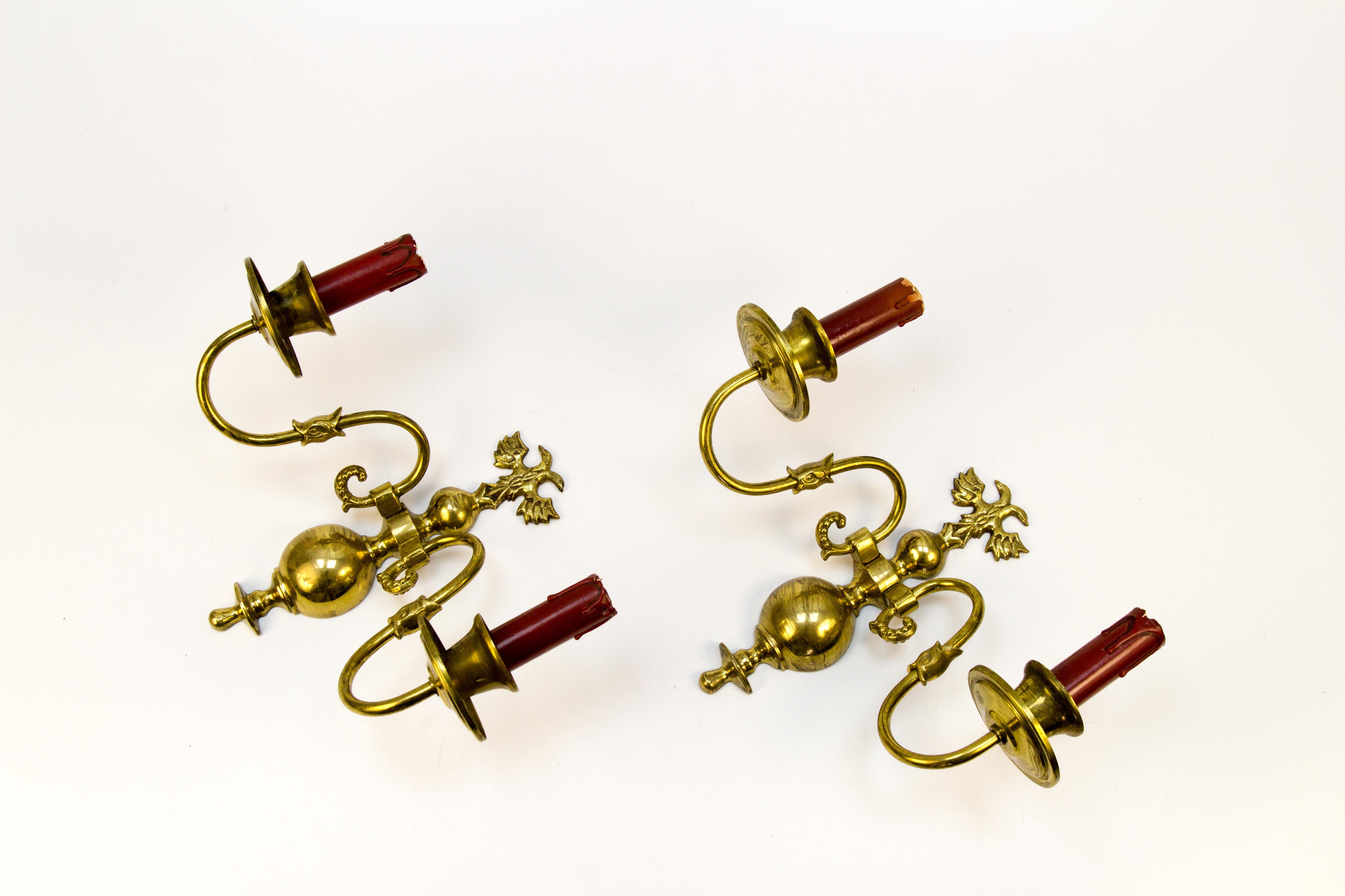 Baroque Pair of Dutch Two-Light Brass Sconces For Sale