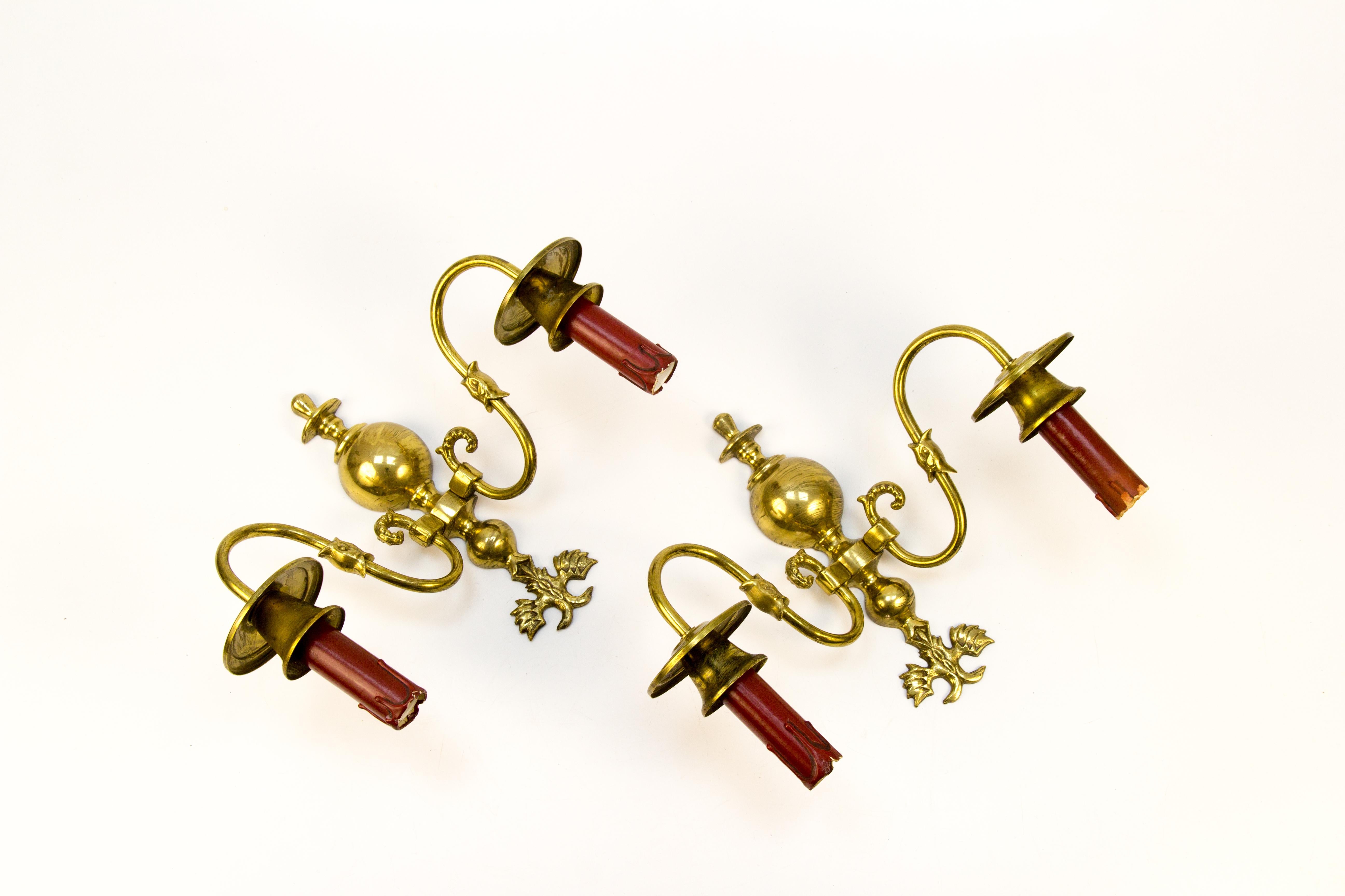 Mid-20th Century Pair of Dutch Two-Light Brass Sconces For Sale
