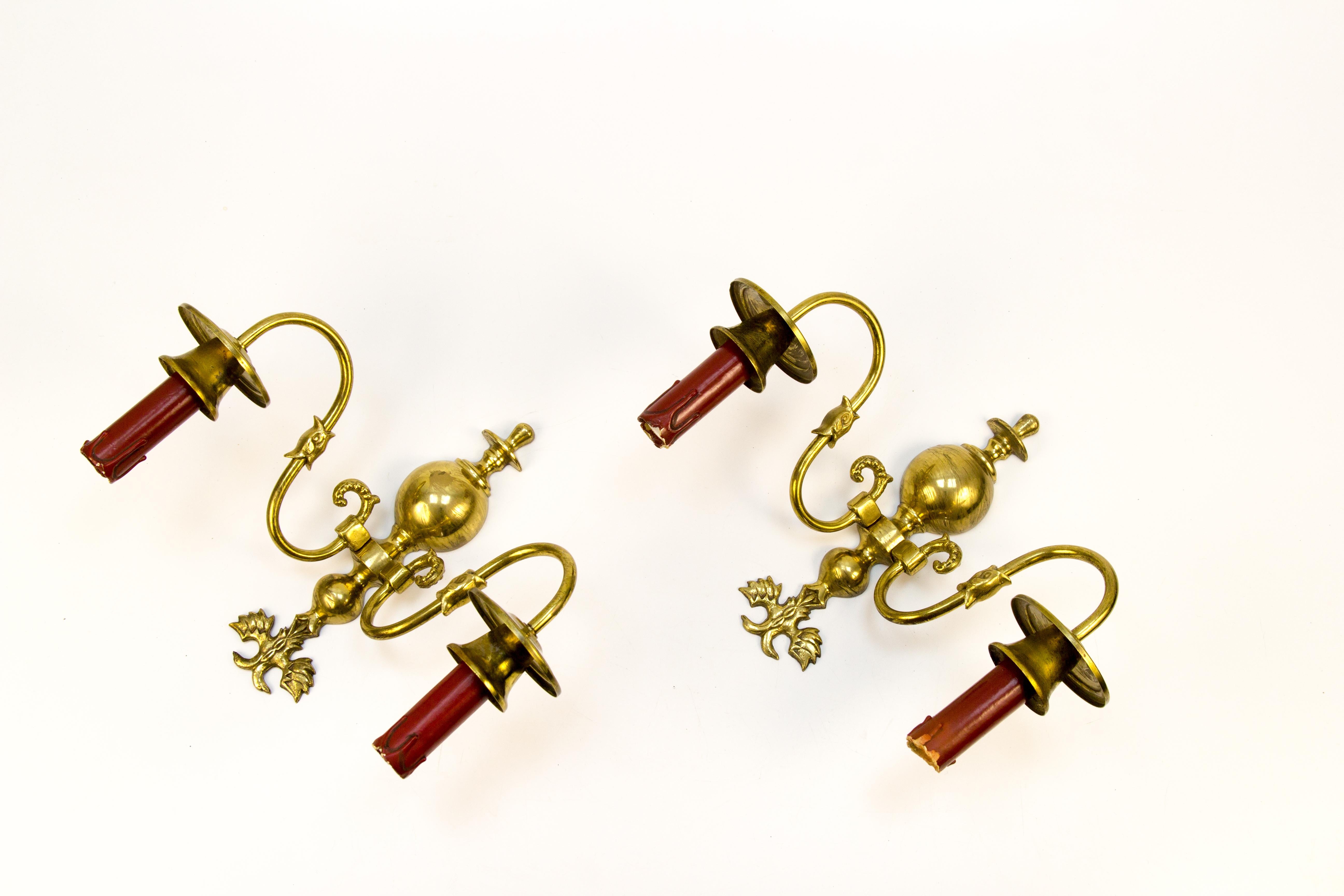 Pair of Dutch Two-Light Brass Sconces For Sale 2