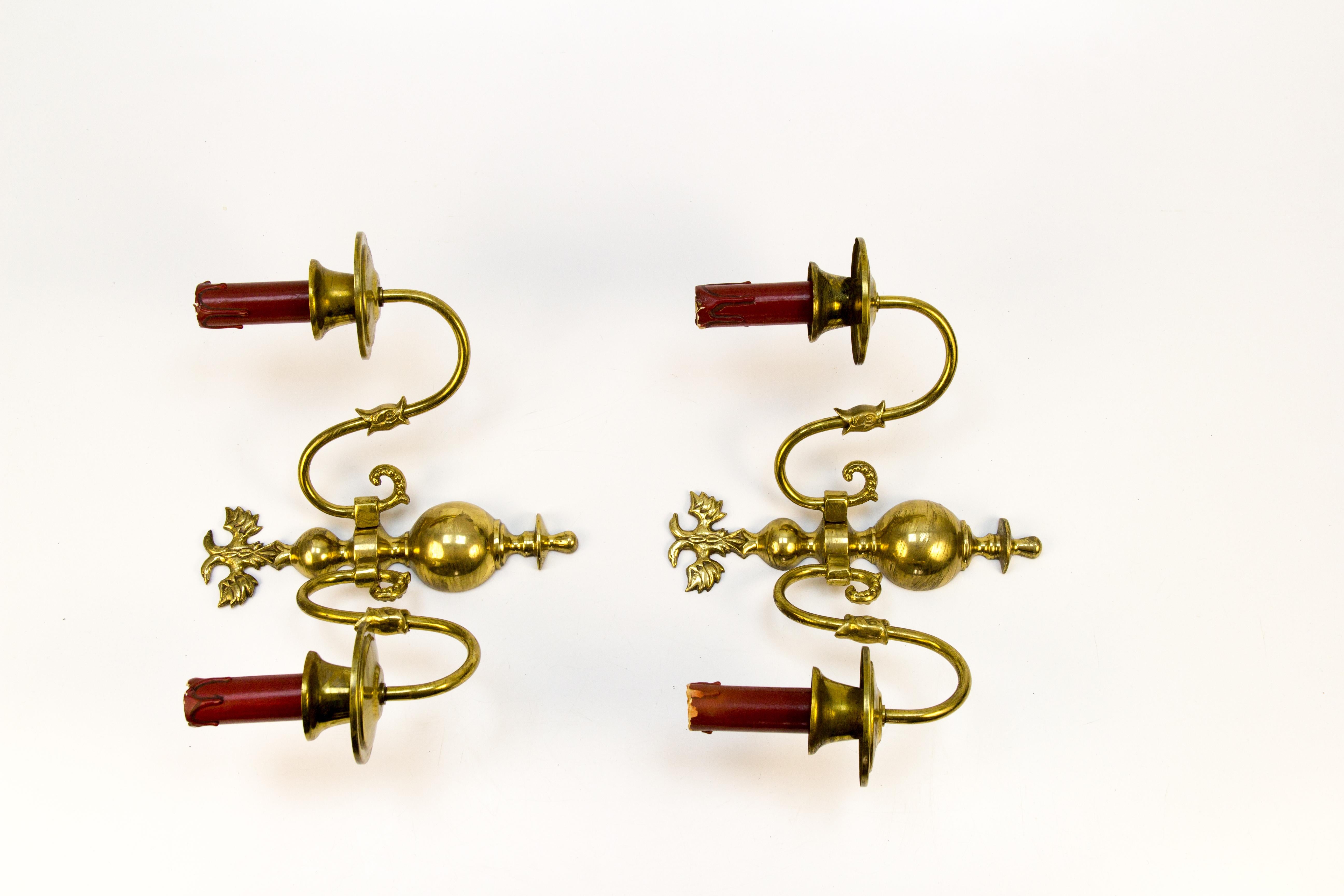 Pair of Dutch Two-Light Brass Sconces For Sale 3